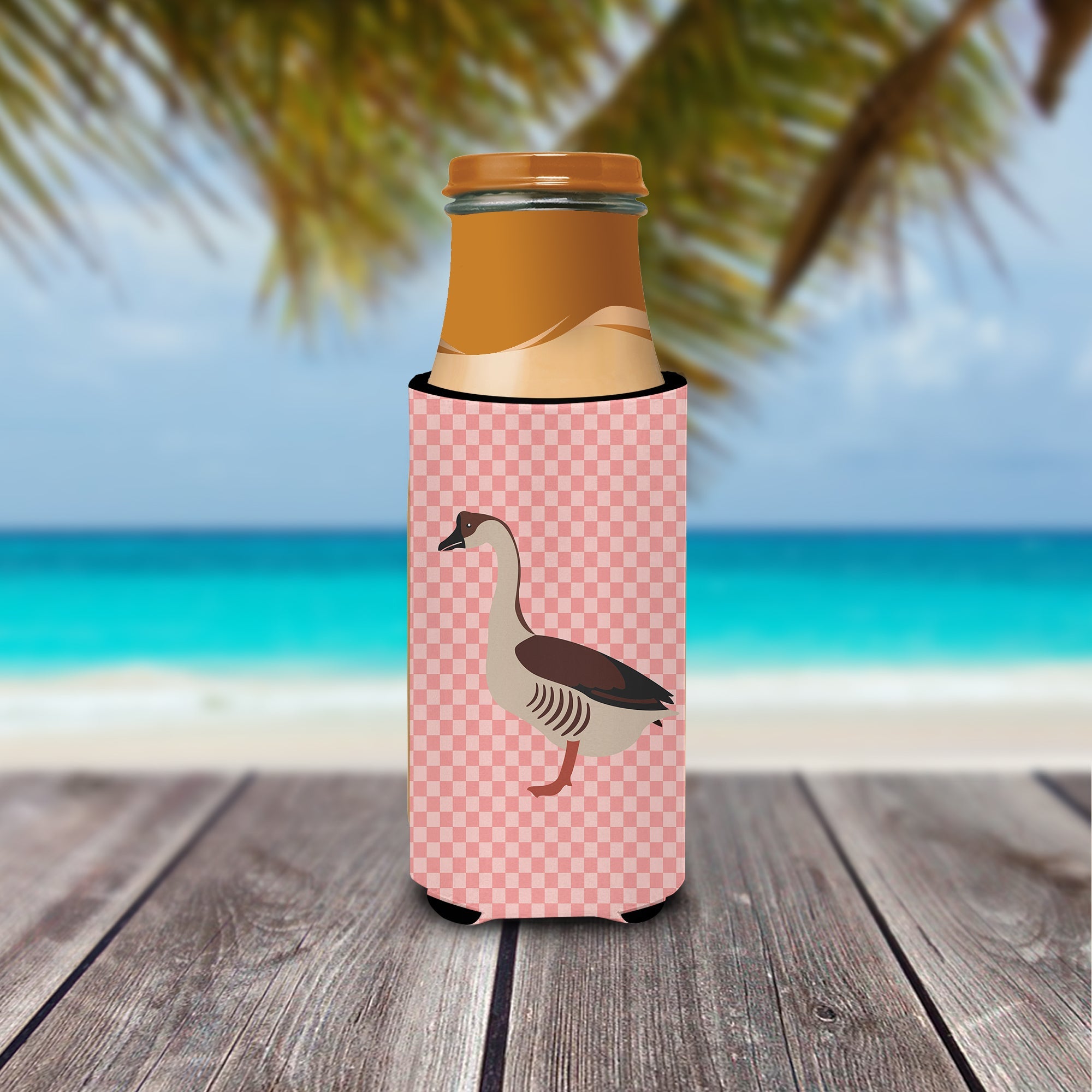 Chinese Goose Pink Check Slim Can Hugger , Insulated Foam Hugger for 12 oz Slim Cans, Beer Bottles & Water Bottles, Printed in USA