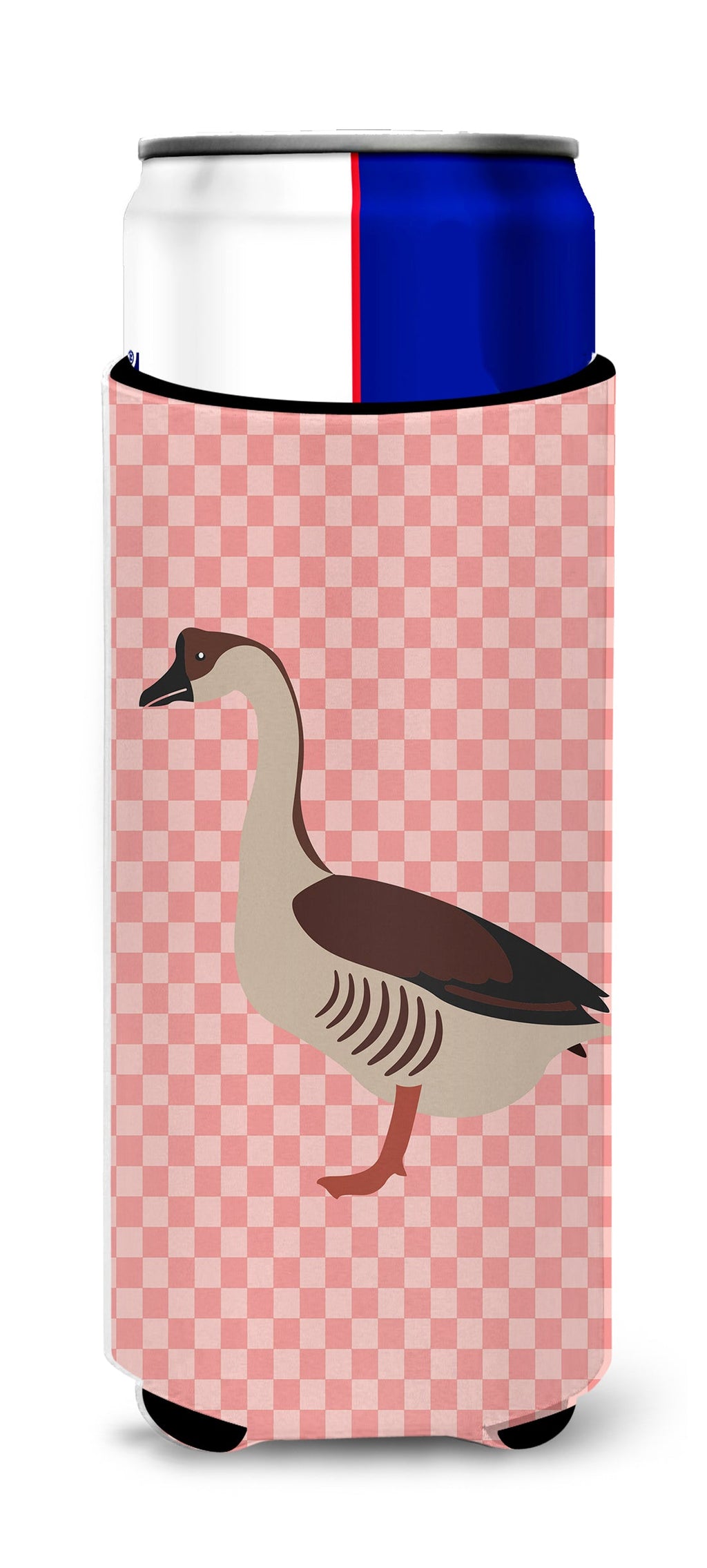 Chinese Goose Pink Check Slim Can Hugger , Insulated Foam Hugger for 12 oz Slim Cans, Beer Bottles & Water Bottles, Printed in USA