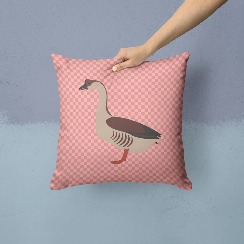 Chinese Goose Pink Check Decorative Throw Pillow 14x14 Indoor Outdoor Accent Cushion, Fabric Cover with Insert for Sofa, Bed, Porch & Living Room