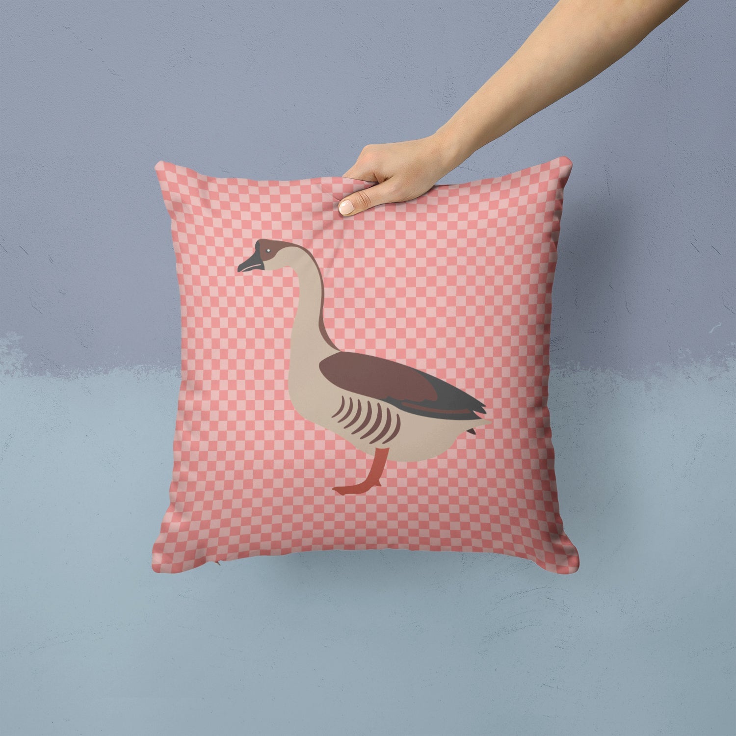 Chinese Goose Pink Check Decorative Throw Pillow 14x14 Indoor Outdoor Accent Cushion, Fabric Cover with Insert for Sofa, Bed, Porch & Living Room