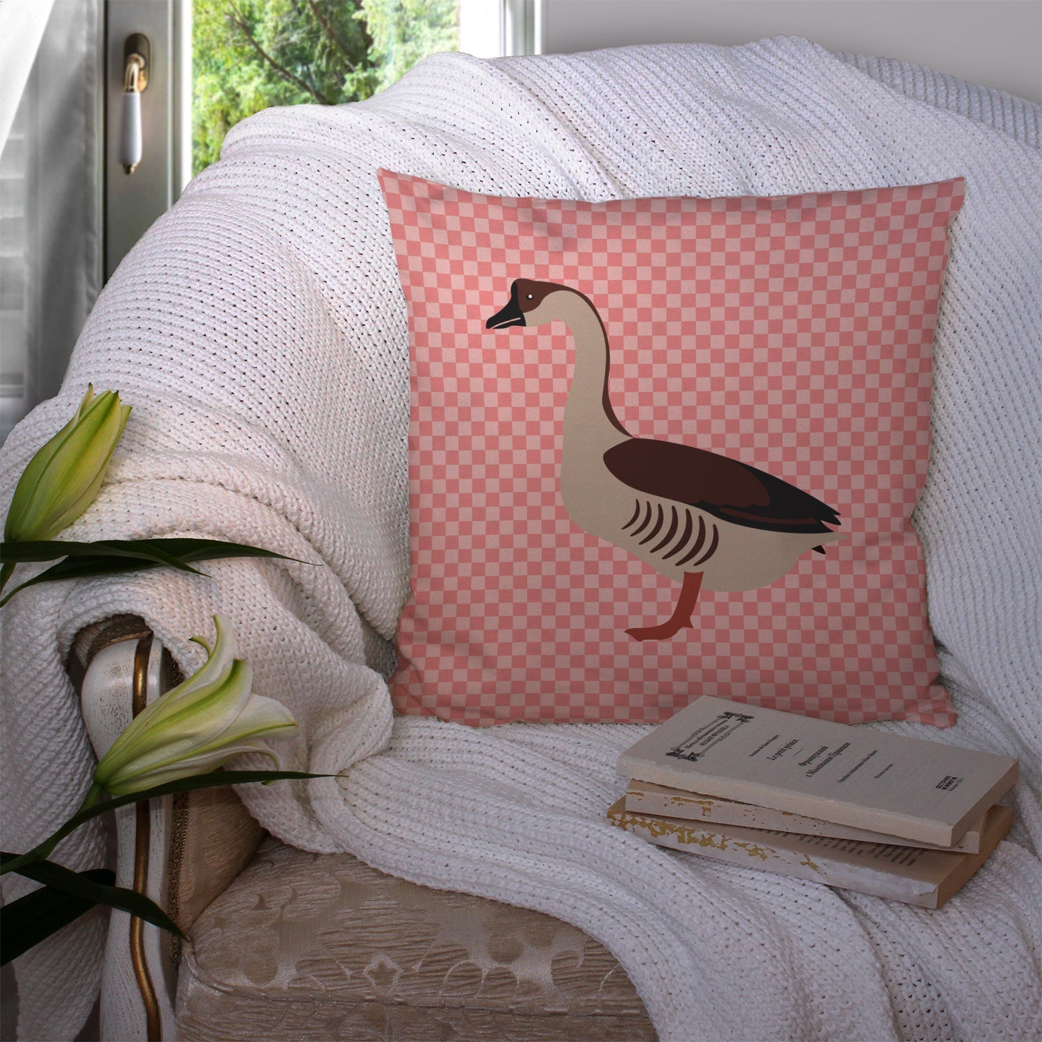 Chinese Goose Pink Check Decorative Throw Pillow 14x14 Indoor Outdoor Accent Cushion, Fabric Cover with Insert for Sofa, Bed, Porch & Living Room