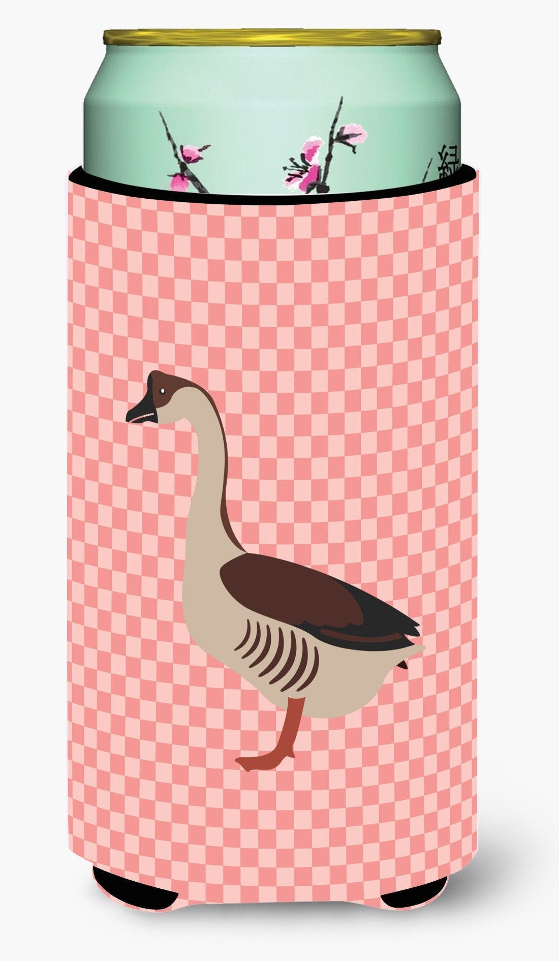 Chinese Goose Pink Check Tall Boy Hugger Can Cooler Sleeve Machine Washable Drink Collapsible Insulator Beverage Insulated Holder