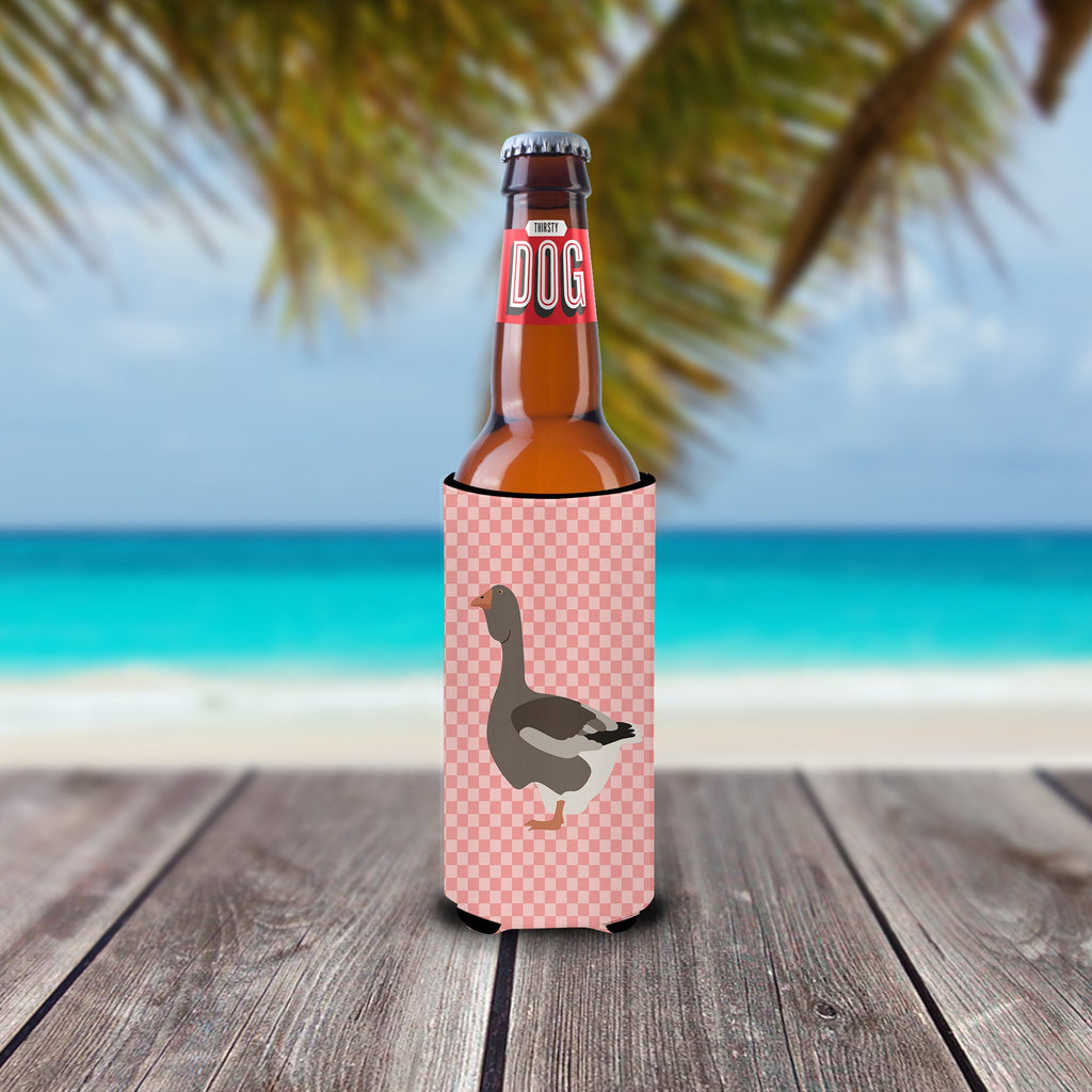 Toulouse Goose Pink Check Slim Can Hugger , Insulated Foam Hugger for 12 oz Slim Cans, Beer Bottles & Water Bottles, Printed in USA