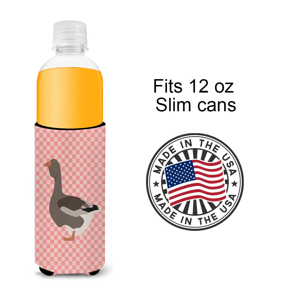 Toulouse Goose Pink Check Slim Can Hugger , Insulated Foam Hugger for 12 oz Slim Cans, Beer Bottles & Water Bottles, Printed in USA