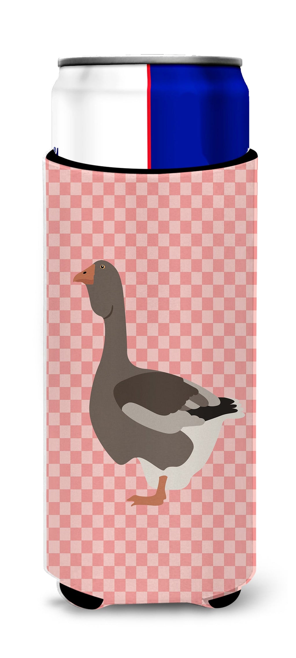 Toulouse Goose Pink Check Slim Can Hugger , Insulated Foam Hugger for 12 oz Slim Cans, Beer Bottles & Water Bottles, Printed in USA