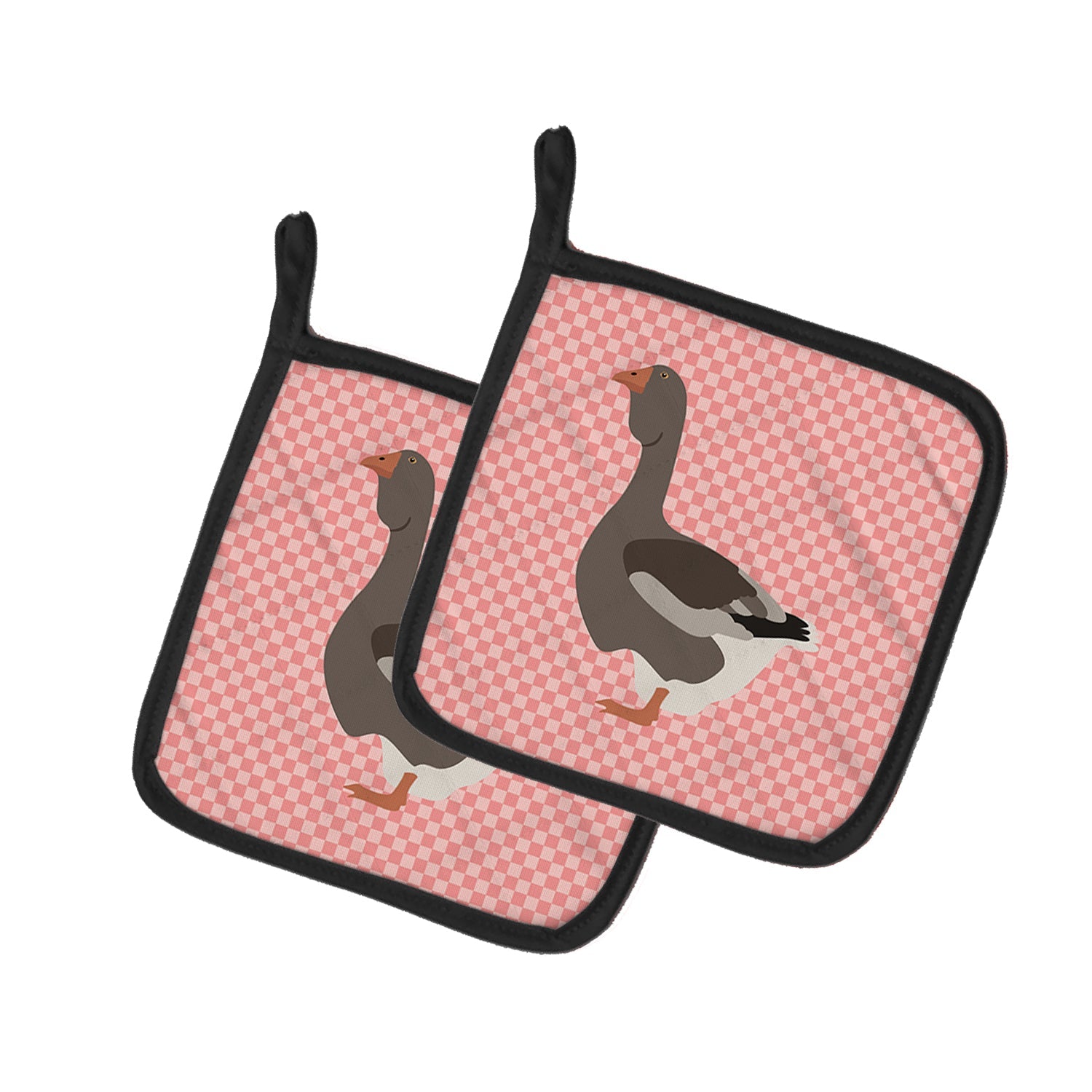 Toulouse Goose Pink Check Pot Holder Set of 2 Heat Resistant Quilted Hot Pads 7.5 x 7.5 Inch, Insulated Kitchen Trivets for Cooking & Baking