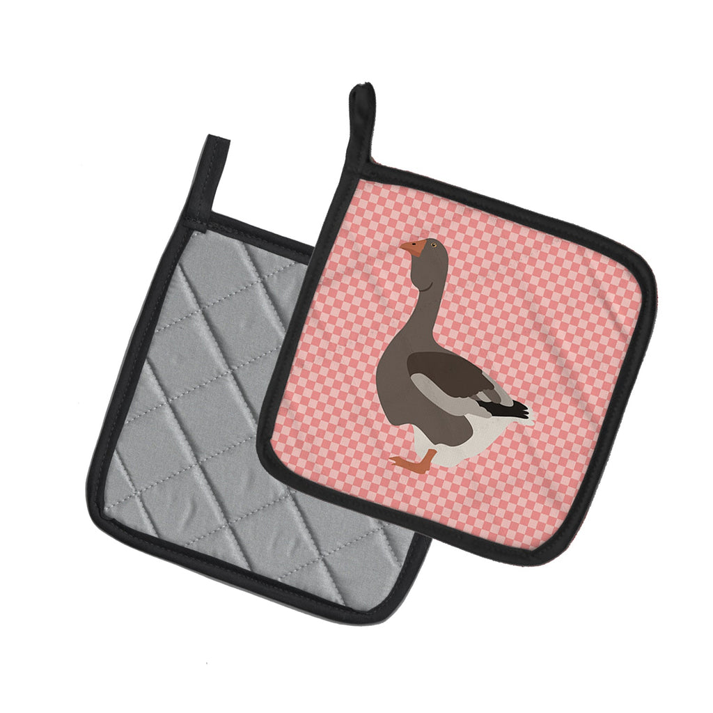 Toulouse Goose Pink Check Pot Holder Set of 2 Heat Resistant Quilted Hot Pads 7.5 x 7.5 Inch, Insulated Kitchen Trivets for Cooking & Baking