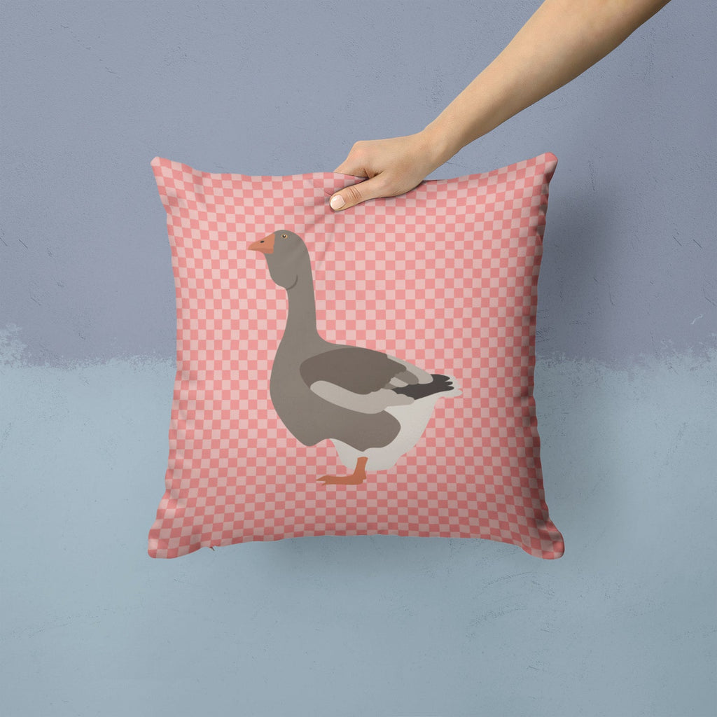 Toulouse Goose Pink Check Decorative Throw Pillow 14x14 Indoor Outdoor Accent Cushion, Fabric Cover with Insert for Sofa, Bed, Porch & Living Room