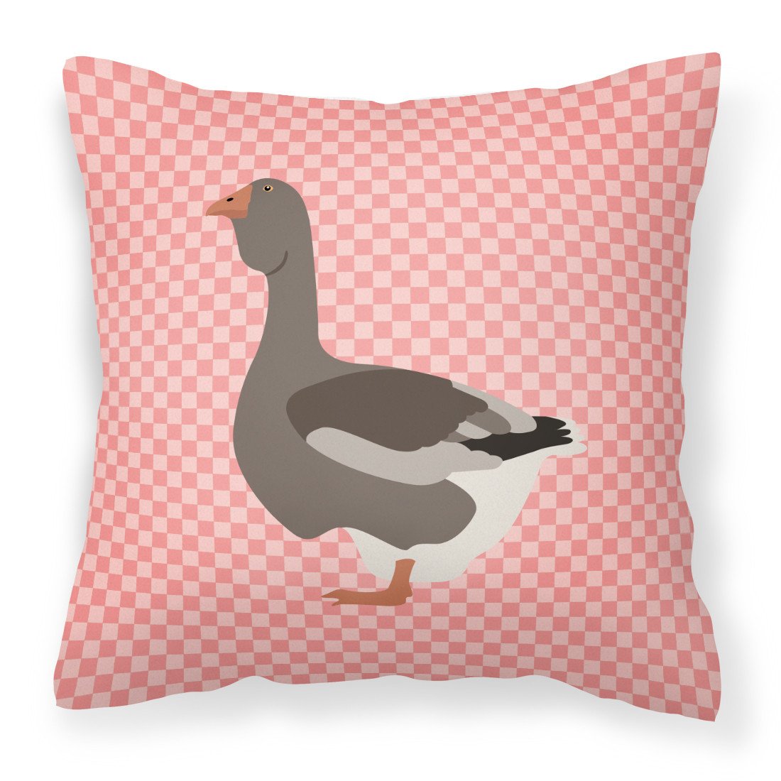 Toulouse Goose Pink Check Decorative Throw Pillow 18x18 Indoor Outdoor Accent Cushion, Fabric Cover with Insert for Sofa, Bed, Porch & Living Room