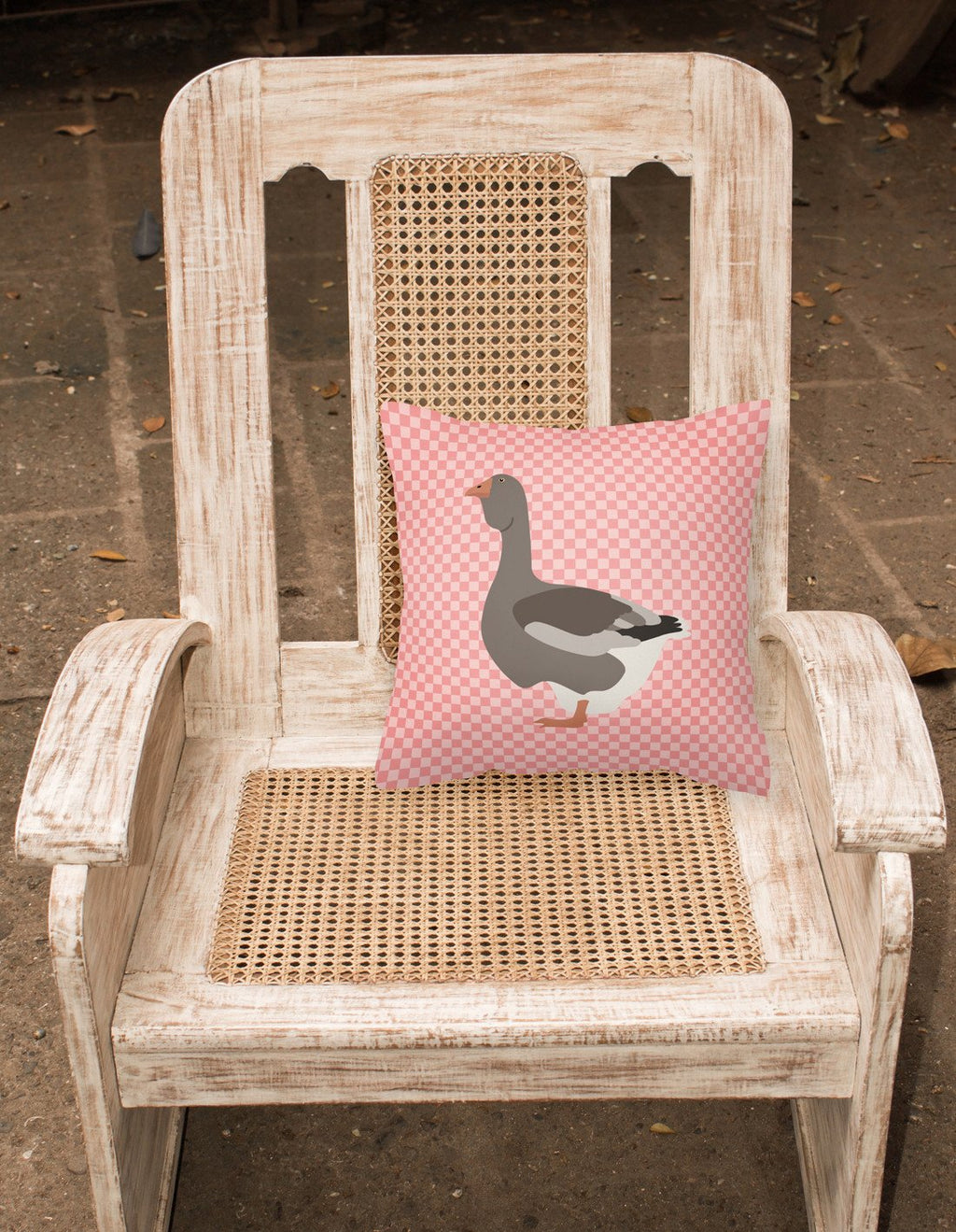 Toulouse Goose Pink Check Decorative Throw Pillow 18x18 Indoor Outdoor Accent Cushion, Fabric Cover with Insert for Sofa, Bed, Porch & Living Room