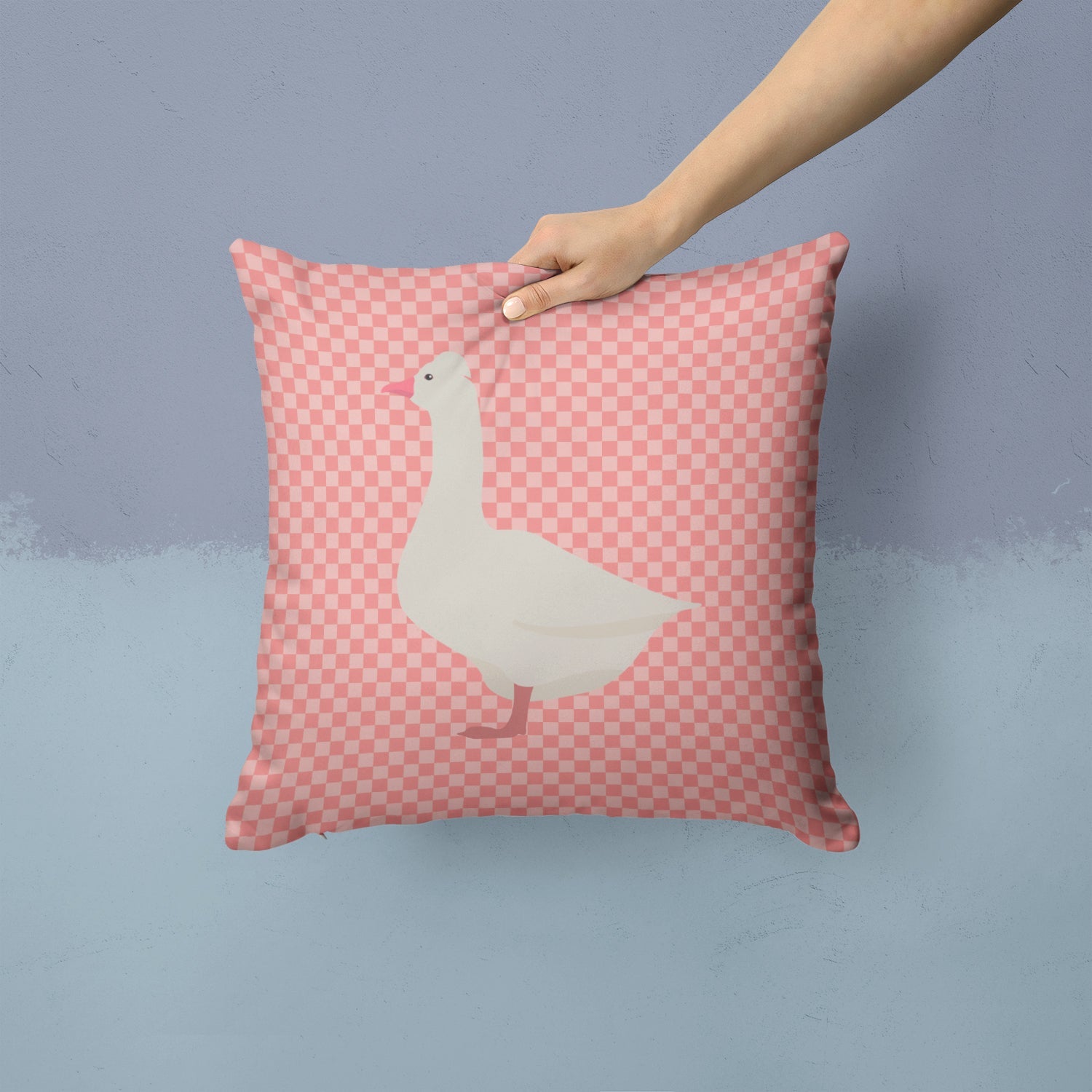 Roman Goose Pink Check Decorative Throw Pillow 14x14 Indoor Outdoor Accent Cushion, Fabric Cover with Insert for Sofa, Bed, Porch & Living Room