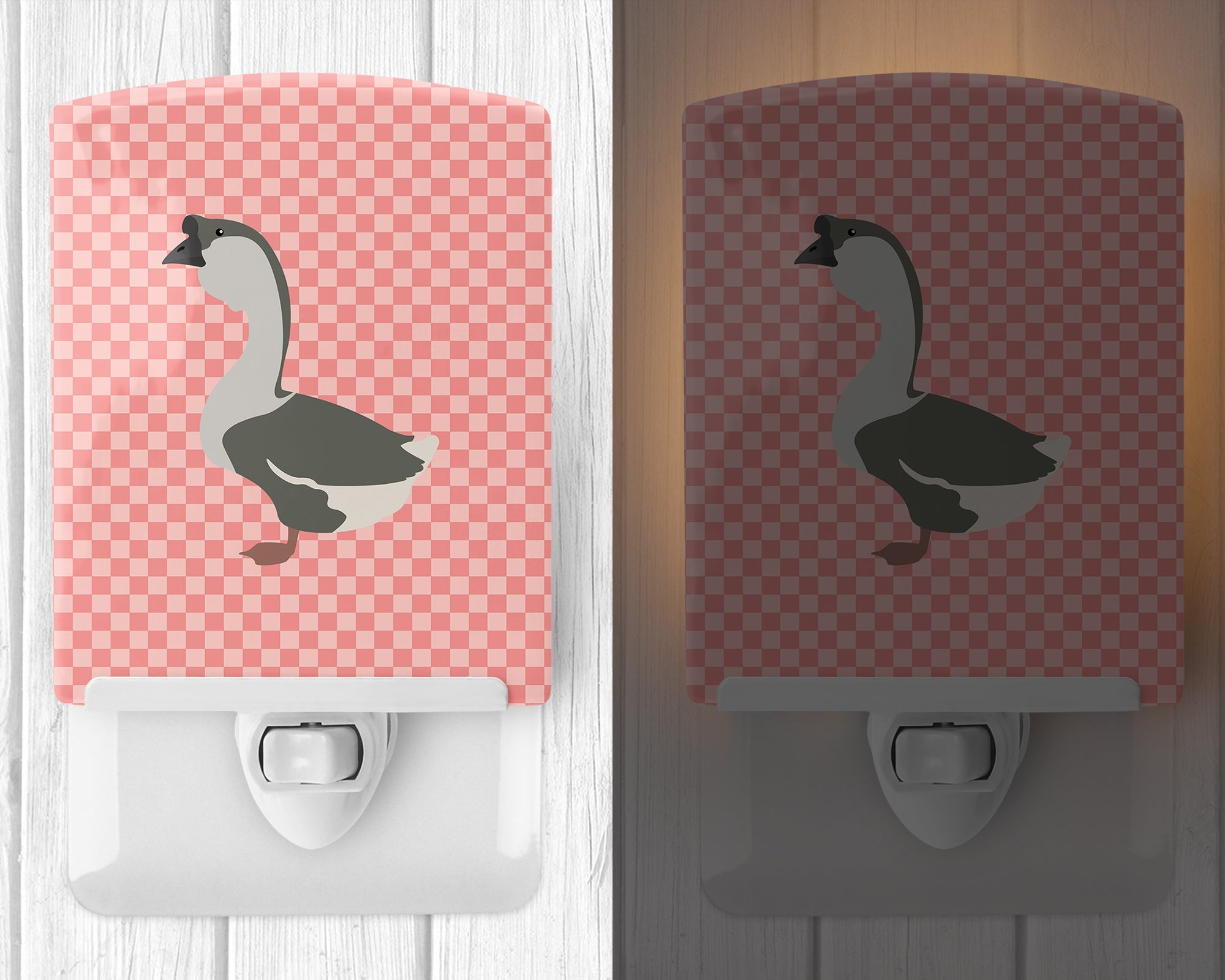 African Goose Pink Check Ceramic Night Light Compact, UL-Certified, Ideal for Bedroom, Bathroom, Nursery, Hallway, Kitchen, 6x4x3, Multicolor