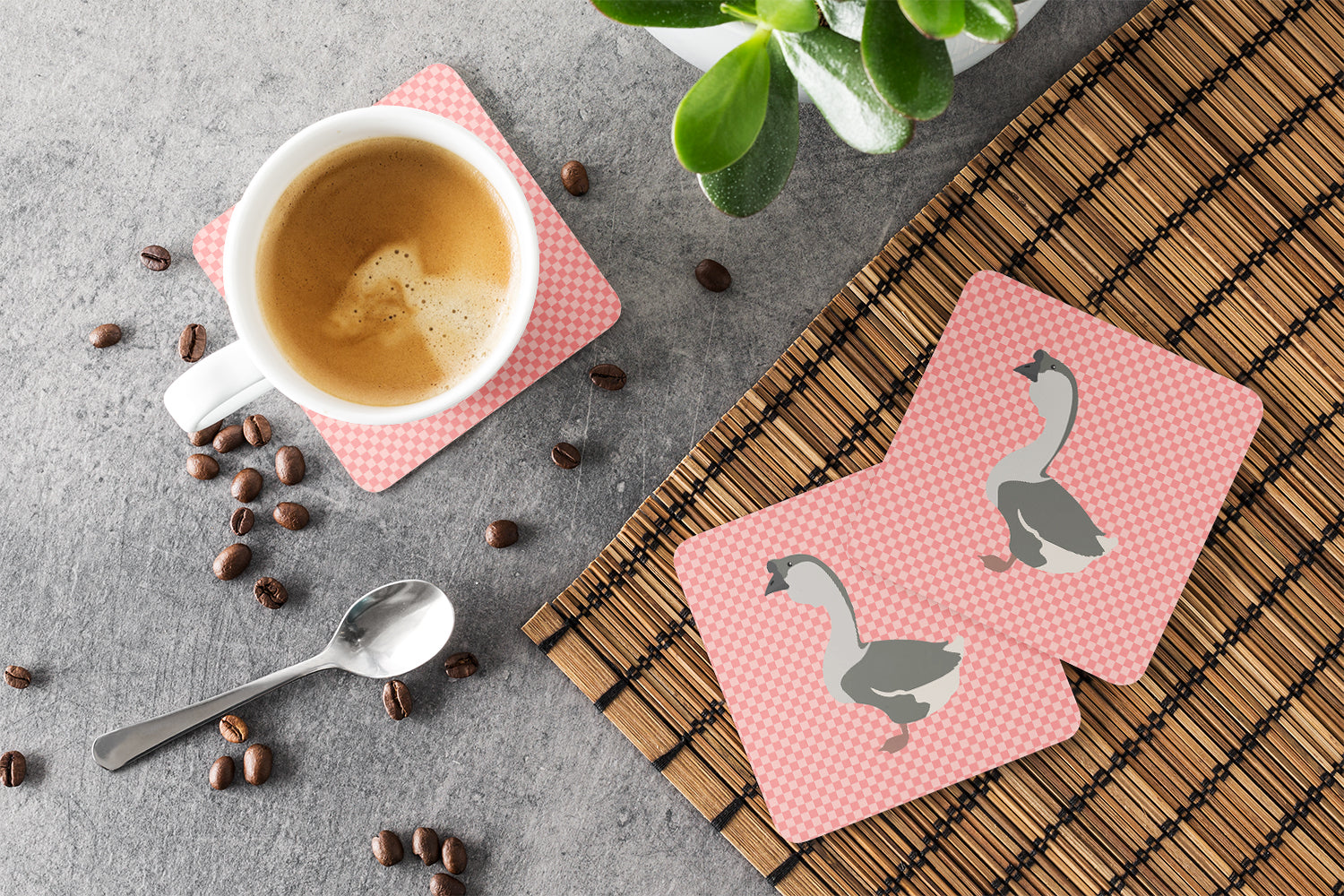 African Goose Pink Check Foam Coasters Set of 4 Cup Coasters for Indoor Outdoor, Tabletop Protection, Anti Slip, Mouse pad Material