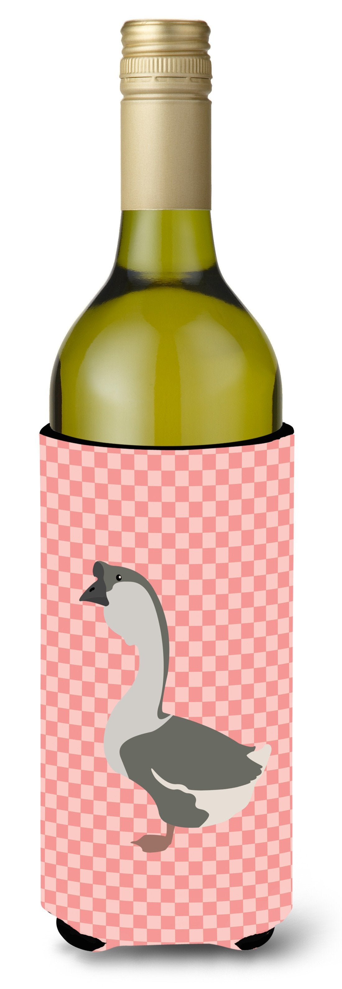 African Goose Pink Check Wine Bottle Hugger Gift Sleeve for Standard 750 ml Bottles, Insulated Reusable Also Fits Mini Shot & Pint Bottles