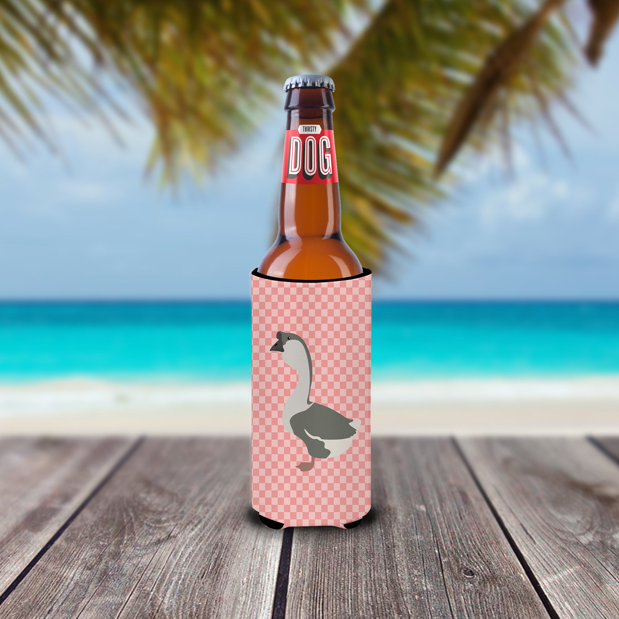 African Goose Pink Check Slim Can Hugger , Insulated Foam Hugger for 12 oz Slim Cans, Beer Bottles & Water Bottles, Printed in USA