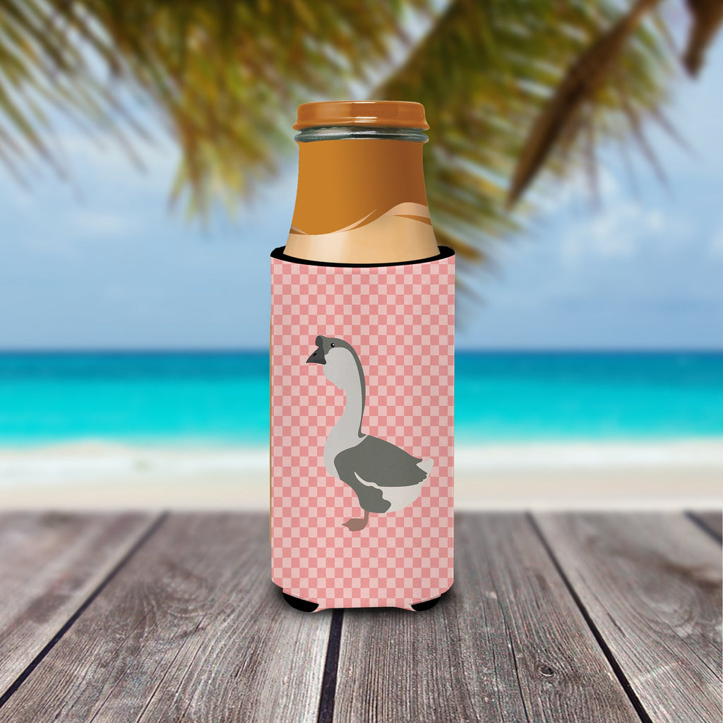 African Goose Pink Check Slim Can Hugger , Insulated Foam Hugger for 12 oz Slim Cans, Beer Bottles & Water Bottles, Printed in USA