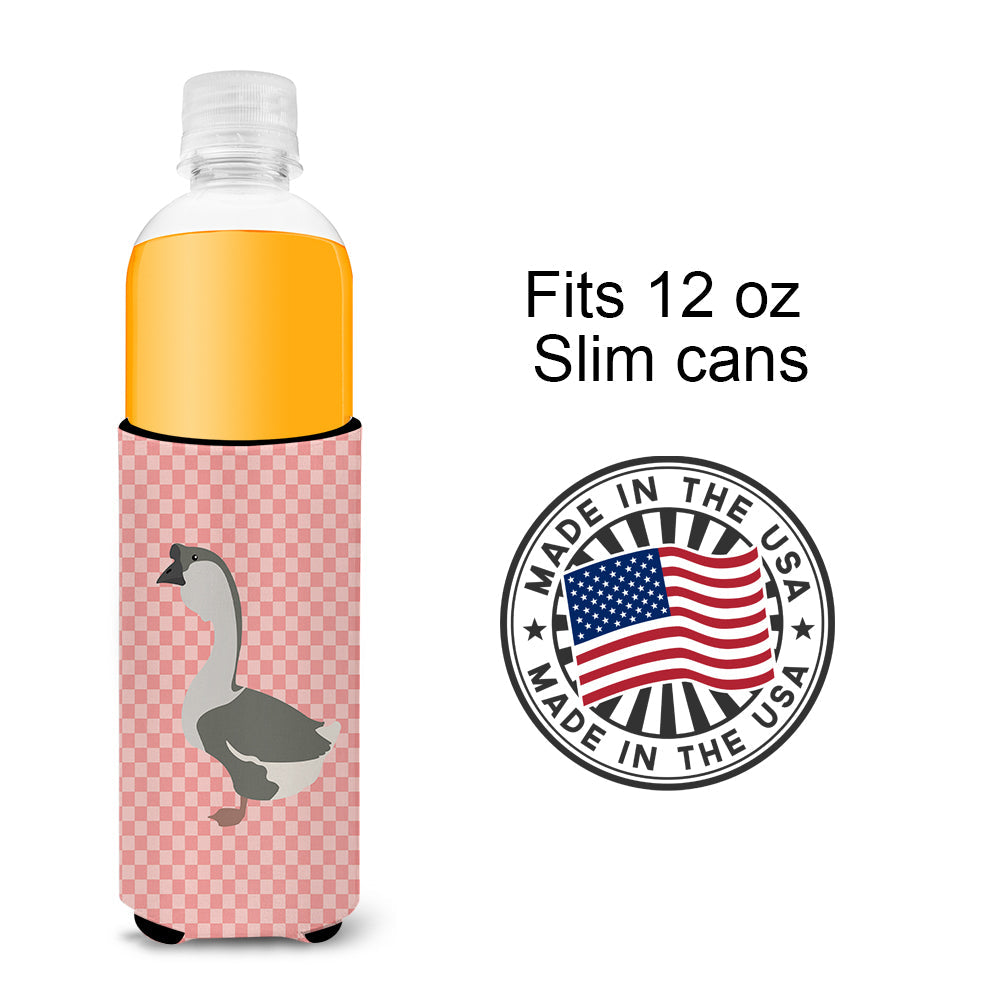 African Goose Pink Check Slim Can Hugger , Insulated Foam Hugger for 12 oz Slim Cans, Beer Bottles & Water Bottles, Printed in USA