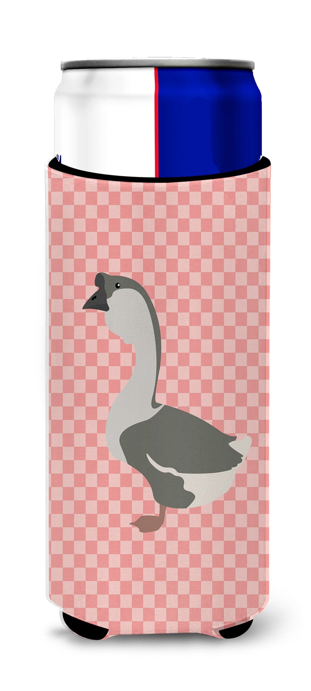 African Goose Pink Check Slim Can Hugger , Insulated Foam Hugger for 12 oz Slim Cans, Beer Bottles & Water Bottles, Printed in USA