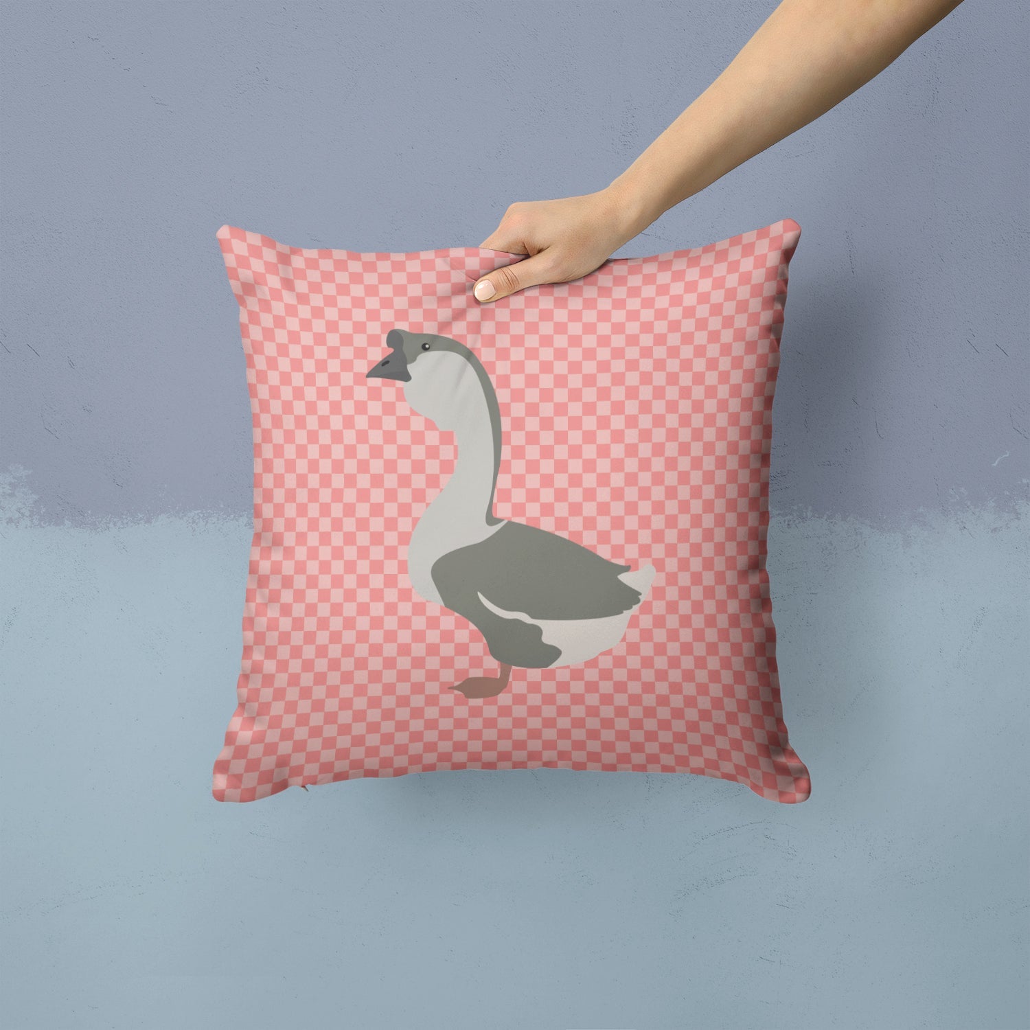 African Goose Pink Check Decorative Throw Pillow 14x14 Indoor Outdoor Accent Cushion, Fabric Cover with Insert for Sofa, Bed, Porch & Living Room