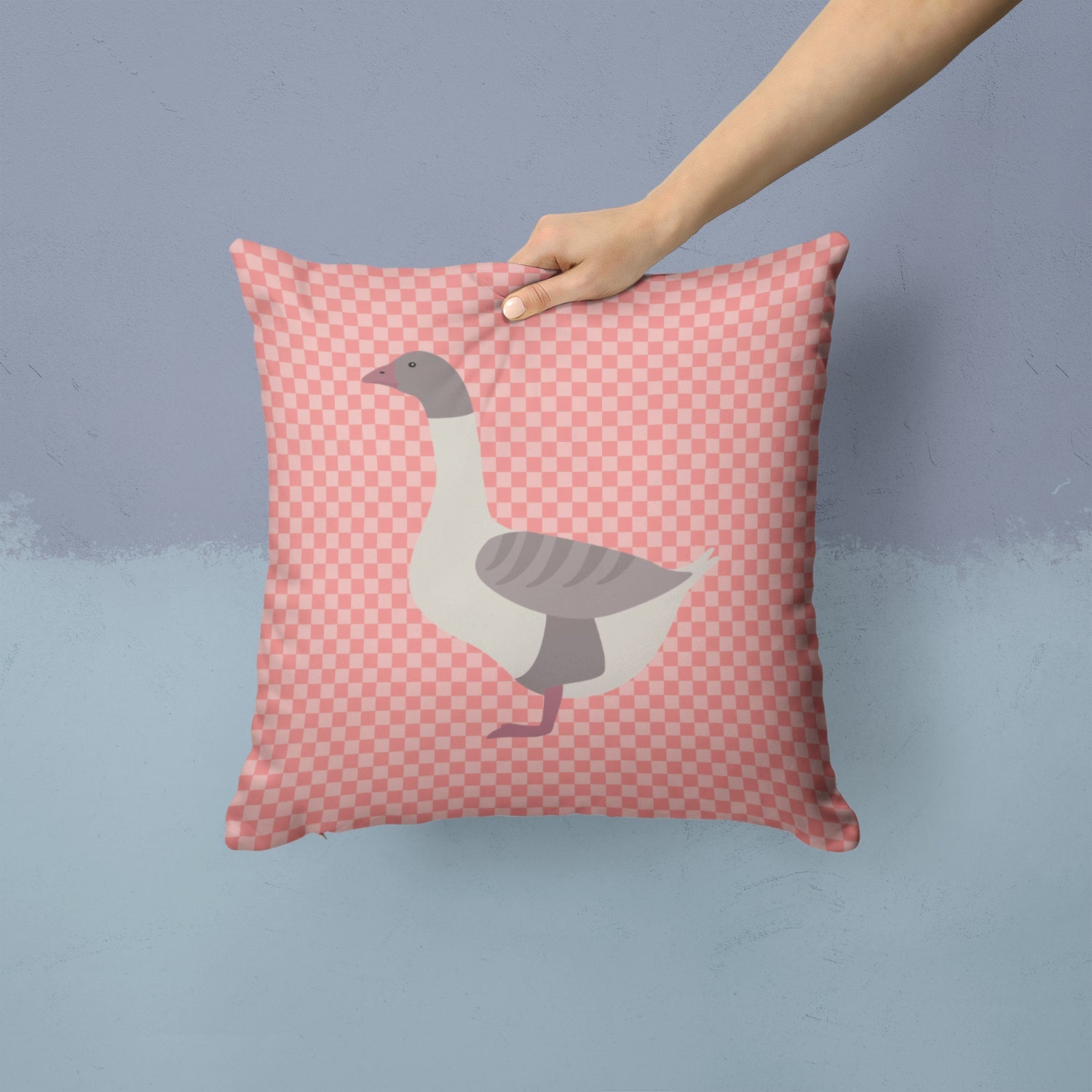 Buff Grey Back Goose Pink Check Decorative Throw Pillow 14x14 Indoor Outdoor Accent Cushion, Fabric Cover with Insert for Sofa, Bed, Porch & Living Room