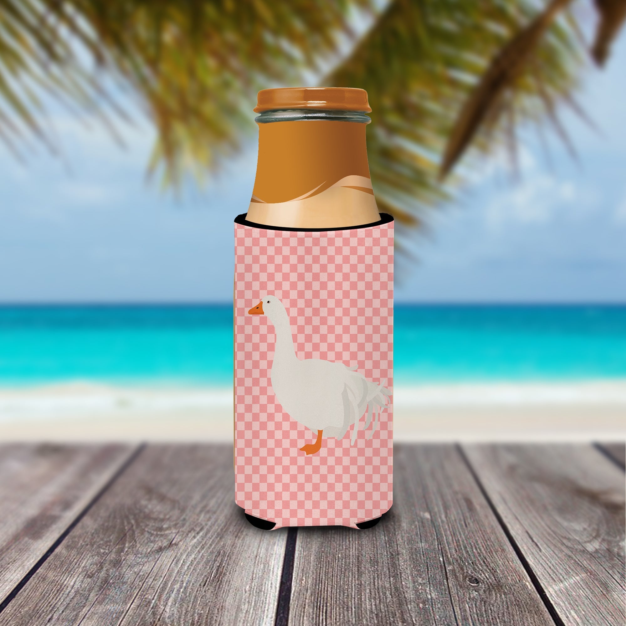 Sebastopol Goose Pink Check Slim Can Hugger , Insulated Foam Hugger for 12 oz Slim Cans, Beer Bottles & Water Bottles, Printed in USA