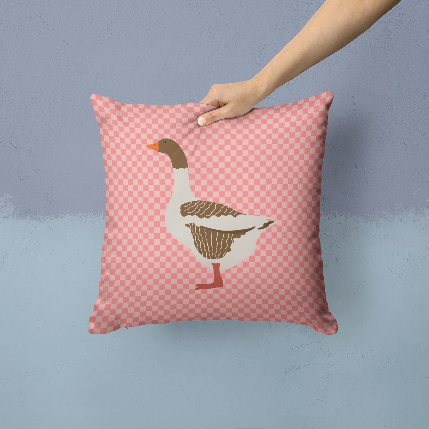 Pomeranian Rogener Goose Pink Check Decorative Throw Pillow 14x14 Indoor Outdoor Accent Cushion, Fabric Cover with Insert for Sofa, Bed, Porch & Living Room