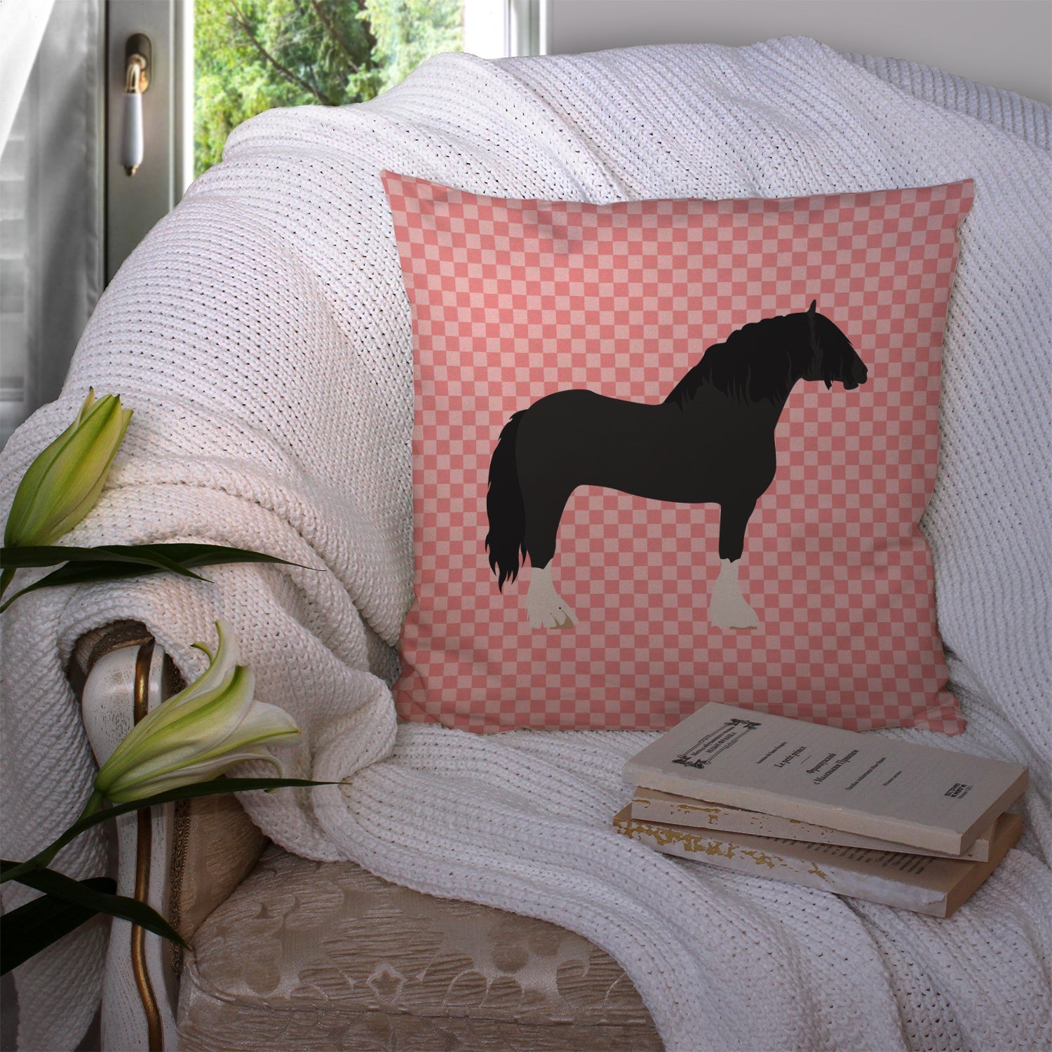 Pomeranian Rogener Goose Pink Check Decorative Throw Pillow 14x14 Indoor Outdoor Accent Cushion, Fabric Cover with Insert for Sofa, Bed, Porch & Living Room