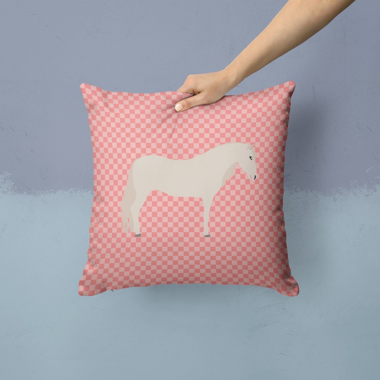 Paso Fino Horse Pink Check Decorative Throw Pillow 14x14 Indoor Outdoor Accent Cushion, Fabric Cover with Insert for Sofa, Bed, Porch & Living Room
