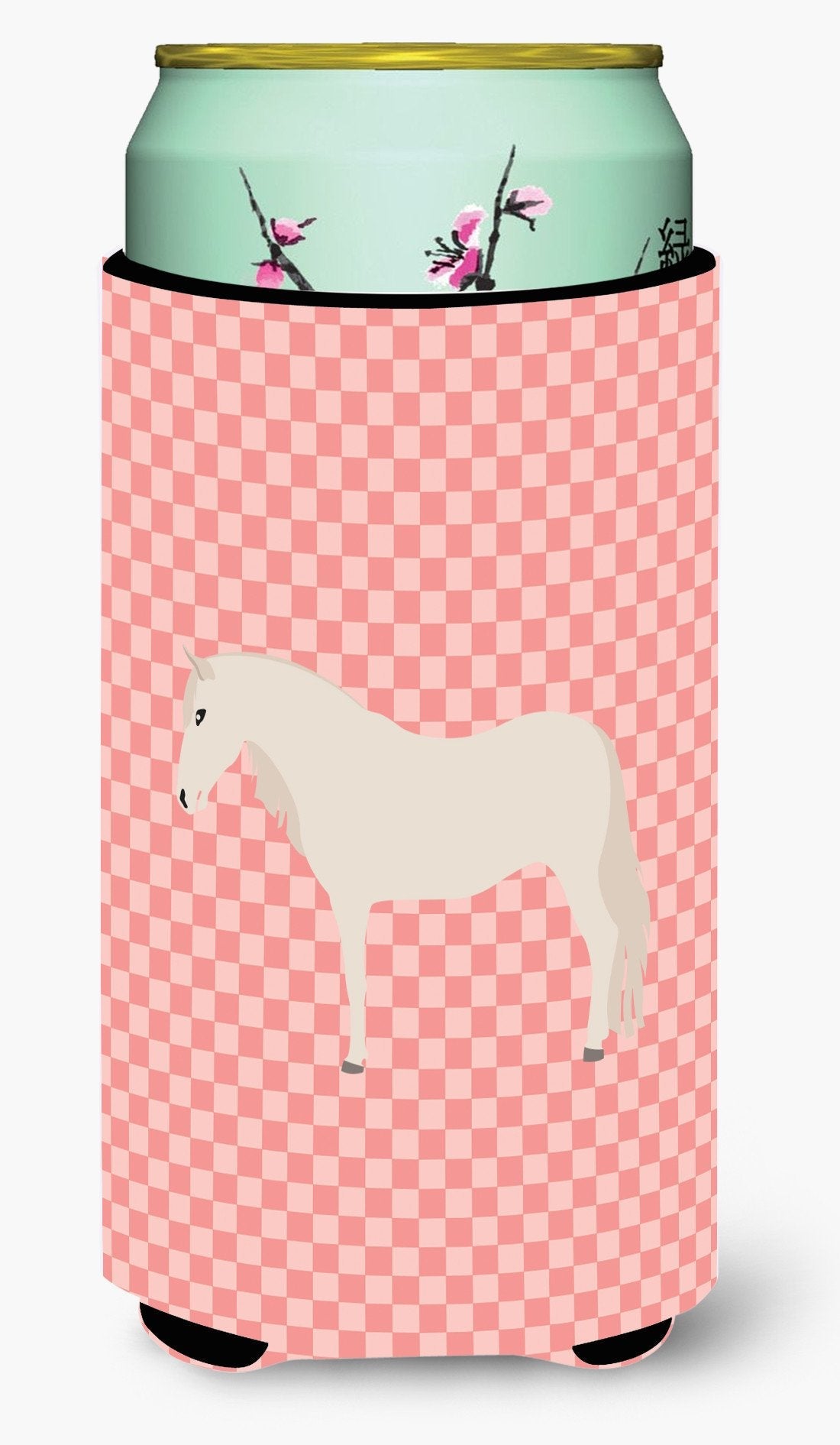 Paso Fino Horse Pink Check Tall Boy Hugger Can Cooler Sleeve Machine Washable Drink Collapsible Insulator Beverage Insulated Holder