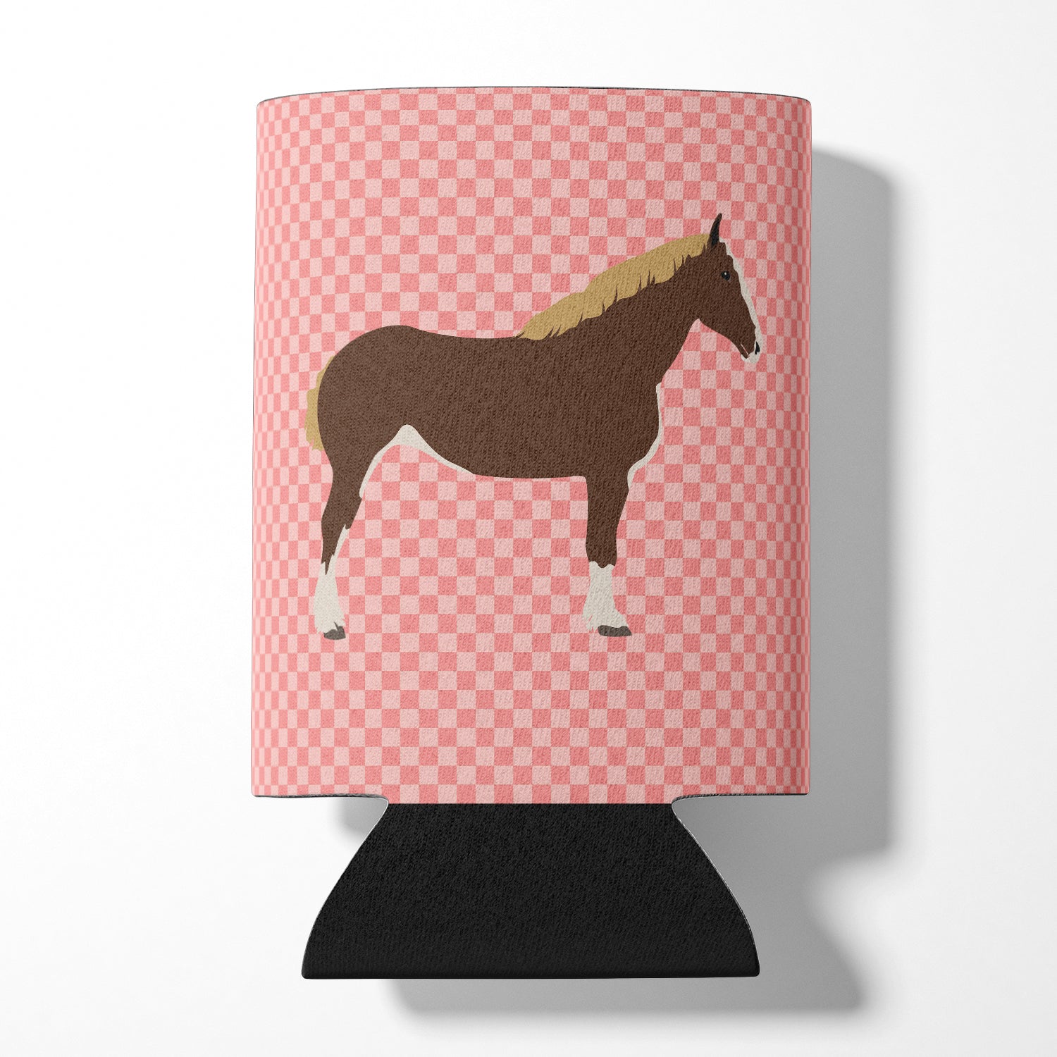 Percheron Horse Pink Check Can or Bottle Hugger Cooler Sleeve for Standard 12 oz Cans, Insulated Foam Beer & Soda Can Hugger Reusable