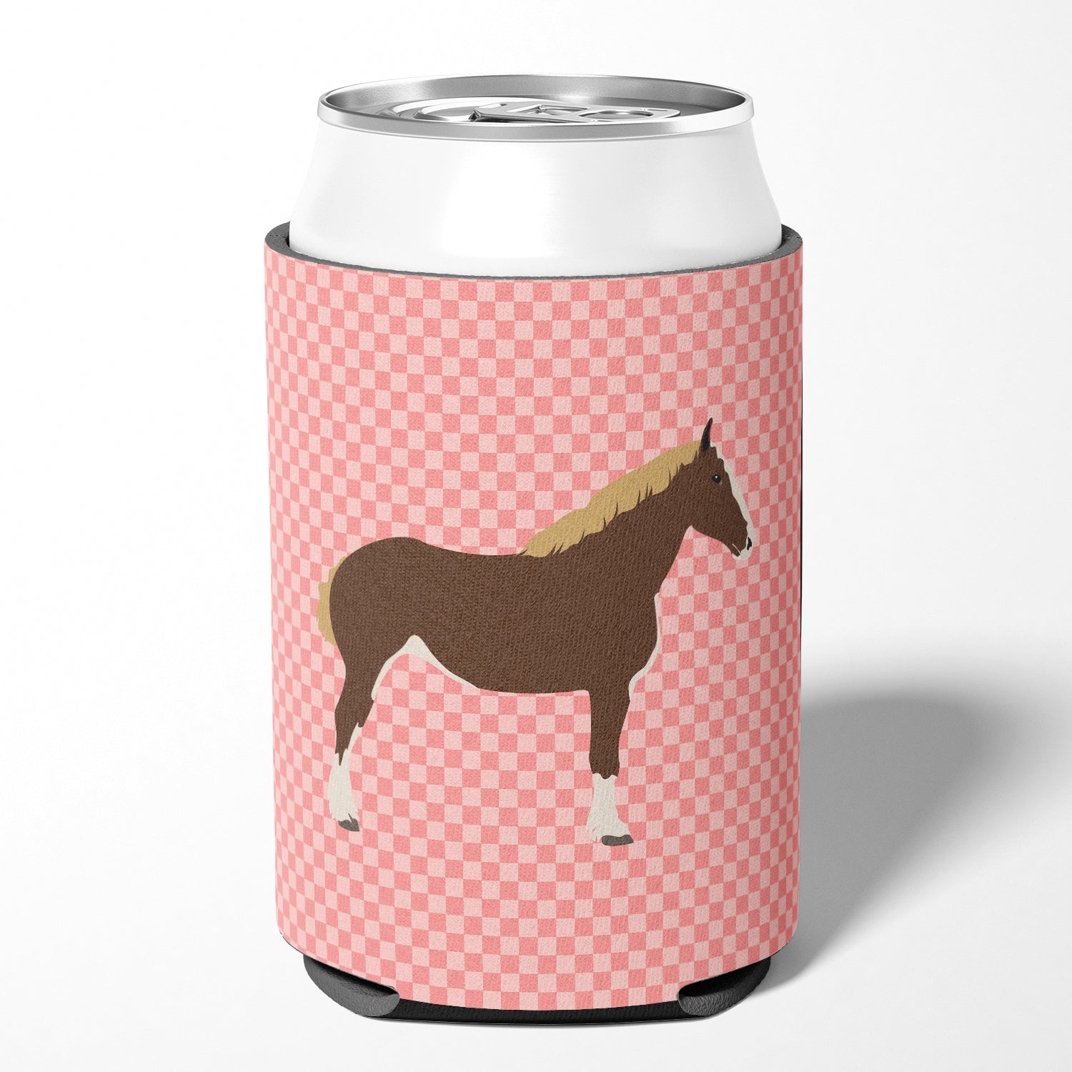 Percheron Horse Pink Check Can or Bottle Hugger Cooler Sleeve for Standard 12 oz Cans, Insulated Foam Beer & Soda Can Hugger Reusable
