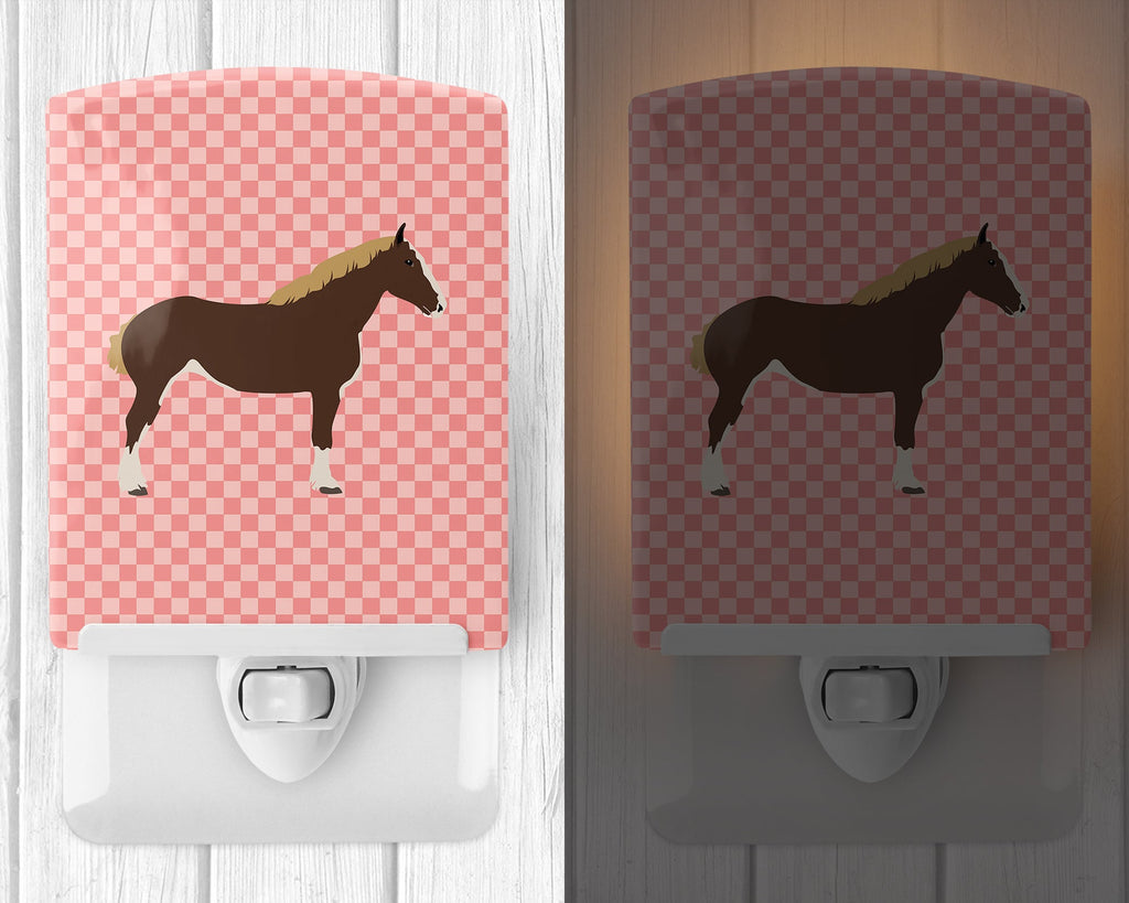 Percheron Horse Pink Check Ceramic Night Light Compact, UL-Certified, Ideal for Bedroom, Bathroom, Nursery, Hallway, Kitchen, 6x4x3, Multicolor