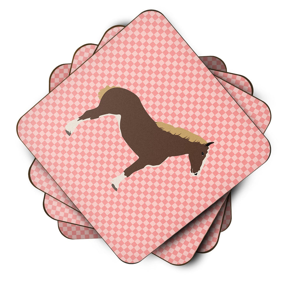 Percheron Horse Pink Check Foam Coasters Set of 4 Cup Coasters for Indoor Outdoor, Tabletop Protection, Anti Slip, Mouse pad Material