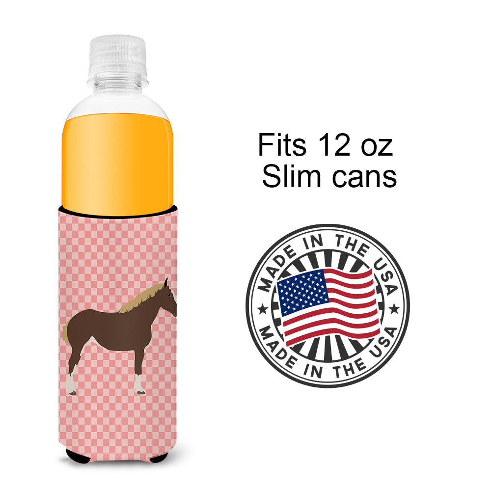 Percheron Horse Pink Check Slim Can Hugger , Insulated Foam Hugger for 12 oz Slim Cans, Beer Bottles & Water Bottles, Printed in USA