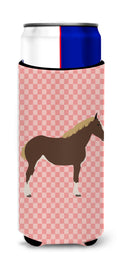 Percheron Horse Pink Check Slim Can Hugger , Insulated Foam Hugger for 12 oz Slim Cans, Beer Bottles & Water Bottles, Printed in USA