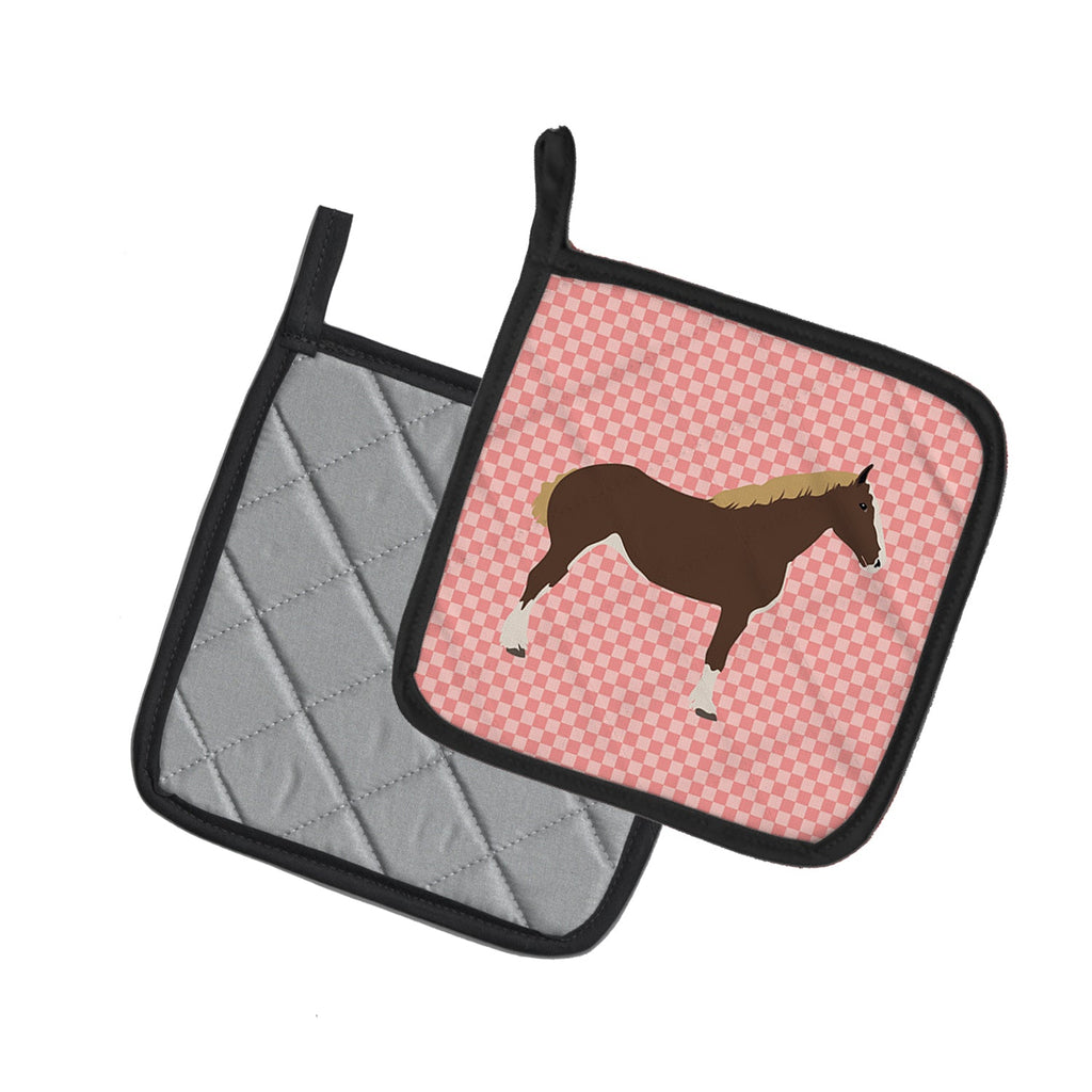 Percheron Horse Pink Check Pot Holder Set of 2 Heat Resistant Quilted Hot Pads 7.5 x 7.5 Inch, Insulated Kitchen Trivets for Cooking & Baking