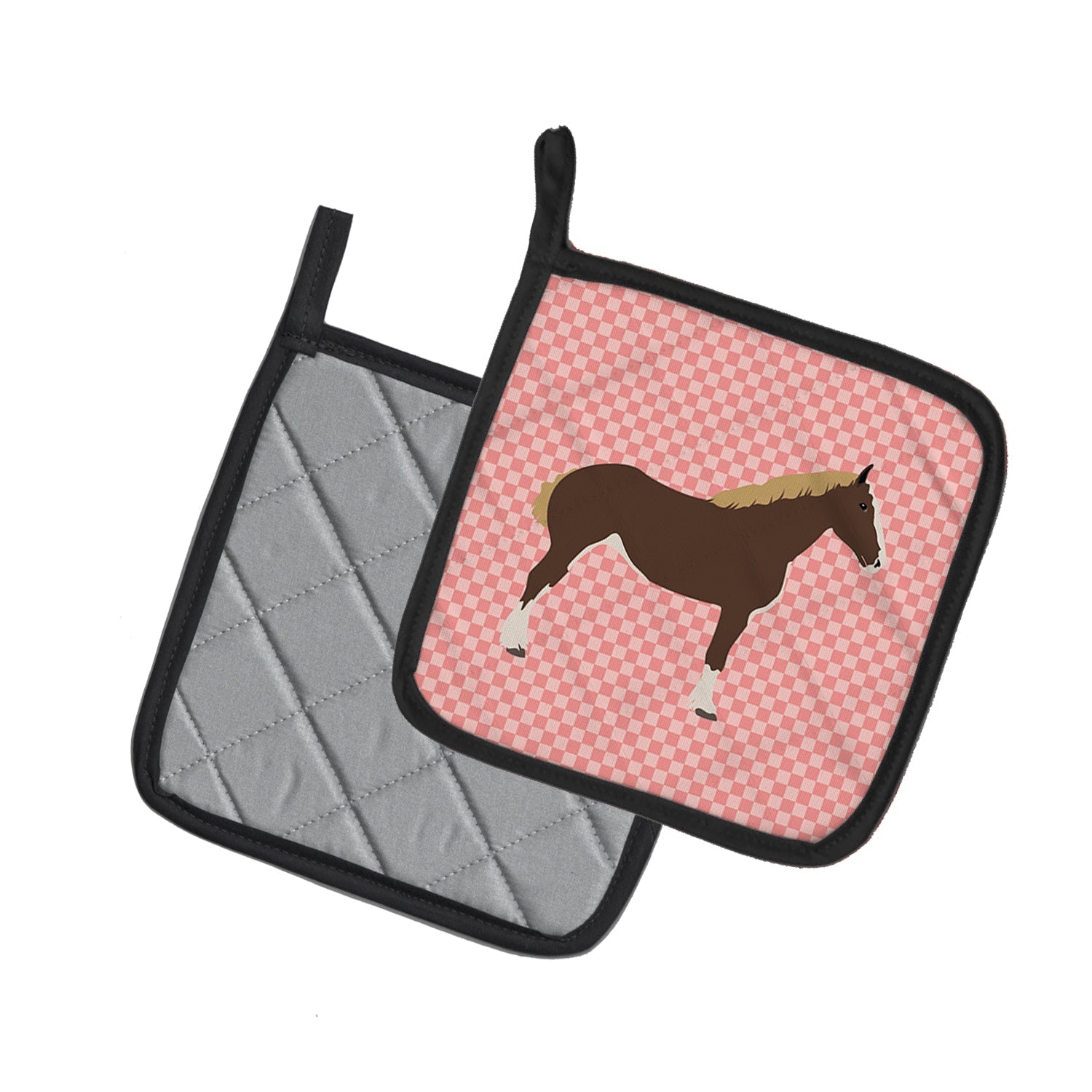 Percheron Horse Pink Check Pot Holder Set of 2 Heat Resistant Quilted Hot Pads 7.5 x 7.5 Inch, Insulated Kitchen Trivets for Cooking & Baking