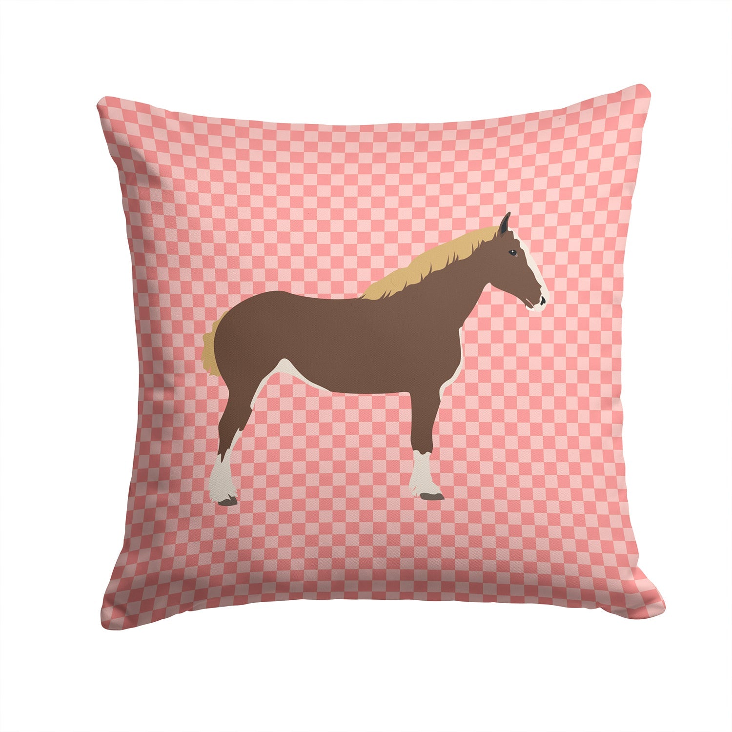 Percheron Horse Pink Check Decorative Throw Pillow 14x14 Indoor Outdoor Accent Cushion, Fabric Cover with Insert for Sofa, Bed, Porch & Living Room