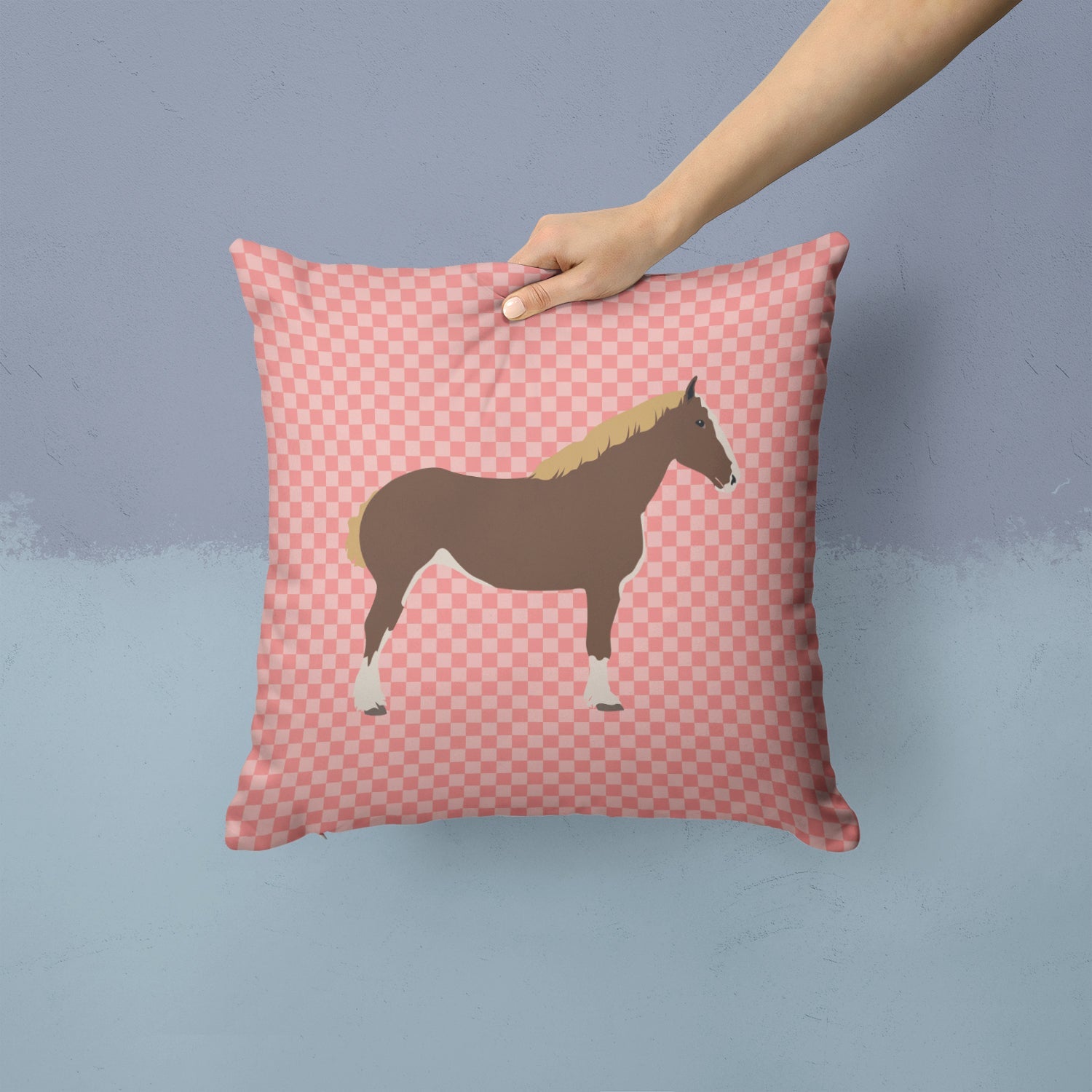 Percheron Horse Pink Check Decorative Throw Pillow 14x14 Indoor Outdoor Accent Cushion, Fabric Cover with Insert for Sofa, Bed, Porch & Living Room