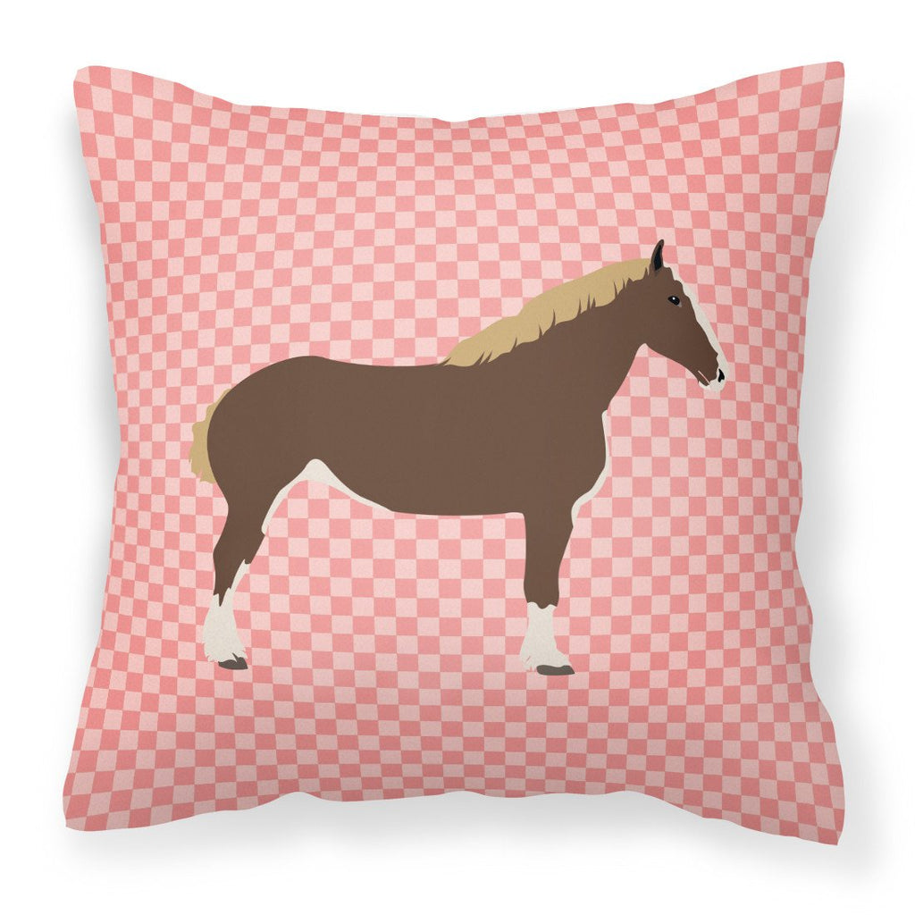 Percheron Horse Pink Check Decorative Throw Pillow 18x18 Indoor Outdoor Accent Cushion, Fabric Cover with Insert for Sofa, Bed, Porch & Living Room