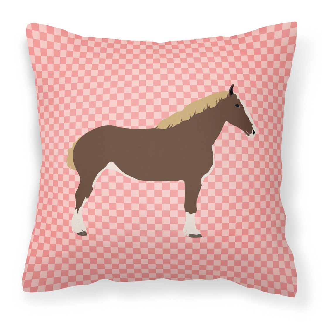 Percheron Horse Pink Check Decorative Throw Pillow 18x18 Indoor Outdoor Accent Cushion, Fabric Cover with Insert for Sofa, Bed, Porch & Living Room