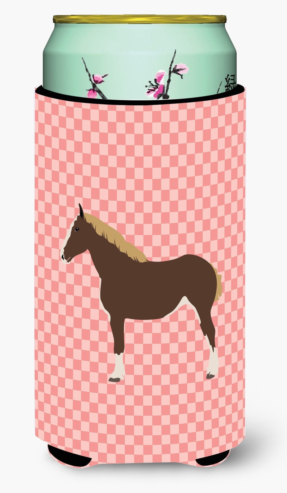 Percheron Horse Pink Check Tall Boy Hugger Can Cooler Sleeve Machine Washable Drink Collapsible Insulator Beverage Insulated Holder