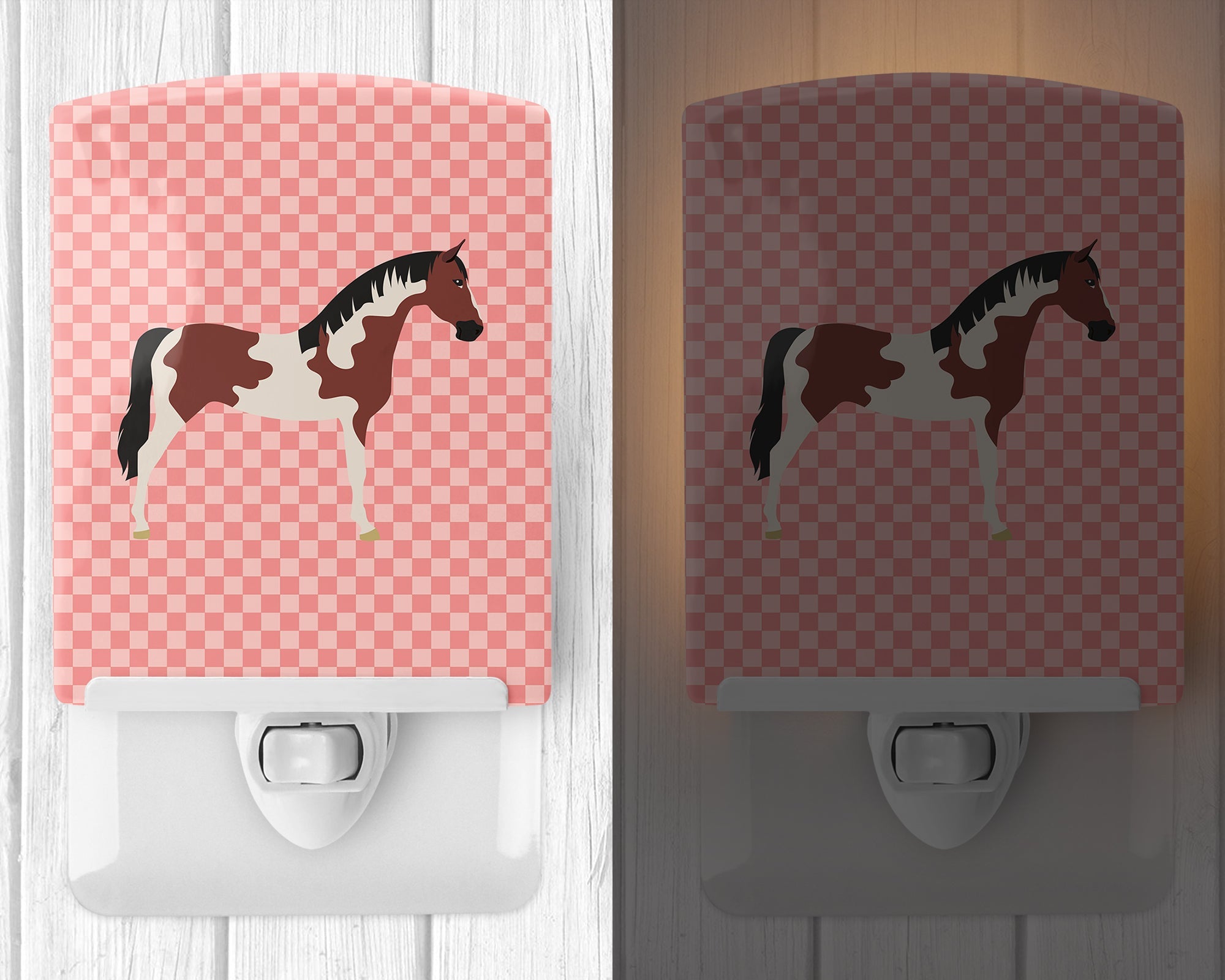 Pinto Horse Pink Check Ceramic Night Light Compact, UL-Certified, Ideal for Bedroom, Bathroom, Nursery, Hallway, Kitchen, 6x4x3, Multicolor