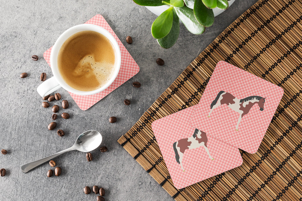 Pinto Horse Pink Check Foam Coasters Set of 4 Cup Coasters for Indoor Outdoor, Tabletop Protection, Anti Slip, Mouse pad Material