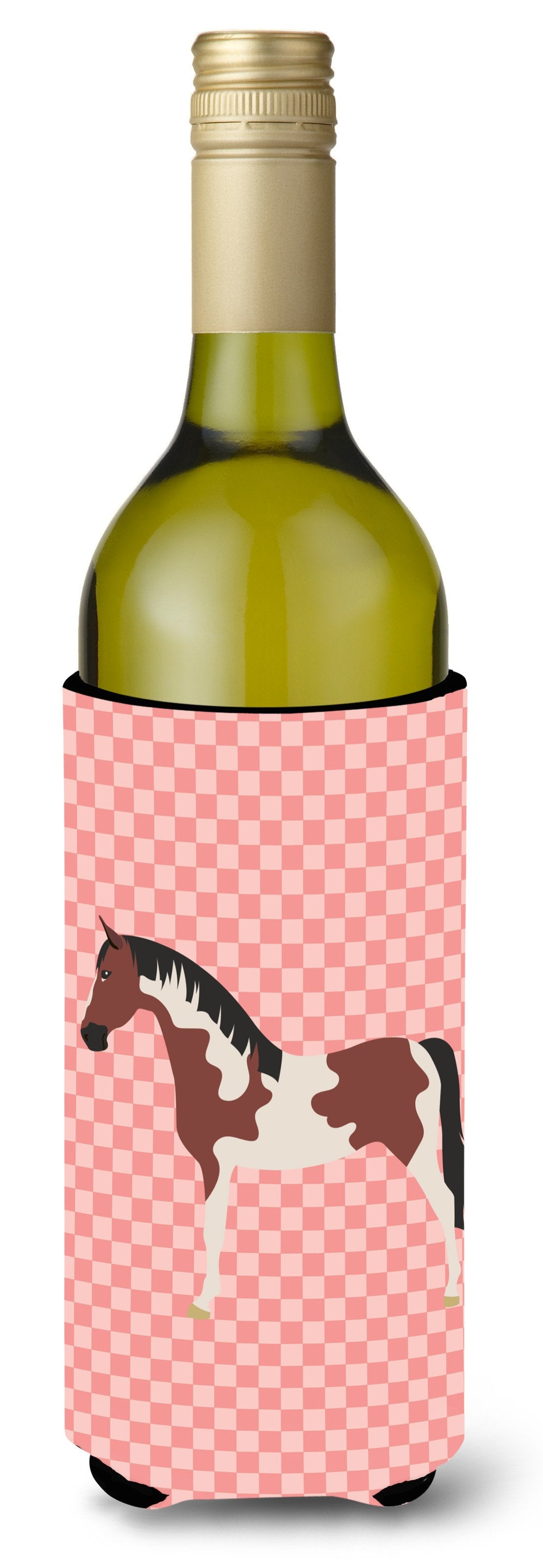 Pinto Horse Pink Check Wine Bottle Hugger Gift Sleeve for Standard 750 ml Bottles, Insulated Reusable Also Fits Mini Shot & Pint Bottles
