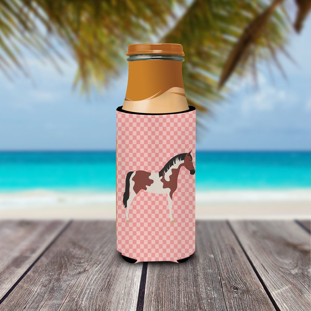 Pinto Horse Pink Check Slim Can Hugger , Insulated Foam Hugger for 12 oz Slim Cans, Beer Bottles & Water Bottles, Printed in USA
