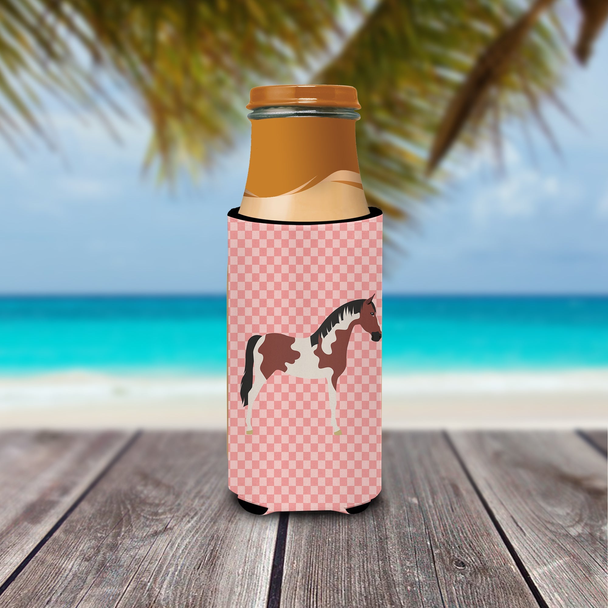 Pinto Horse Pink Check Slim Can Hugger , Insulated Foam Hugger for 12 oz Slim Cans, Beer Bottles & Water Bottles, Printed in USA