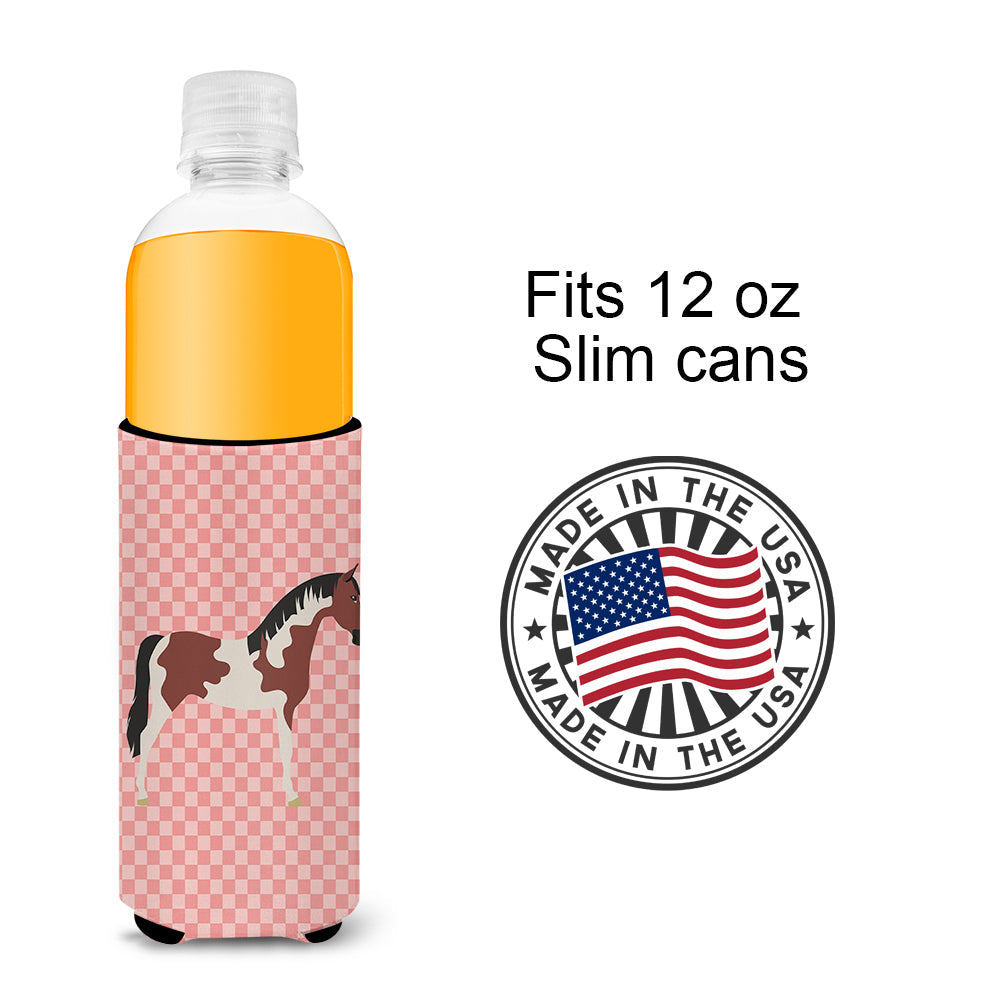 Pinto Horse Pink Check Slim Can Hugger , Insulated Foam Hugger for 12 oz Slim Cans, Beer Bottles & Water Bottles, Printed in USA