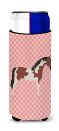 Pinto Horse Pink Check Slim Can Hugger , Insulated Foam Hugger for 12 oz Slim Cans, Beer Bottles & Water Bottles, Printed in USA