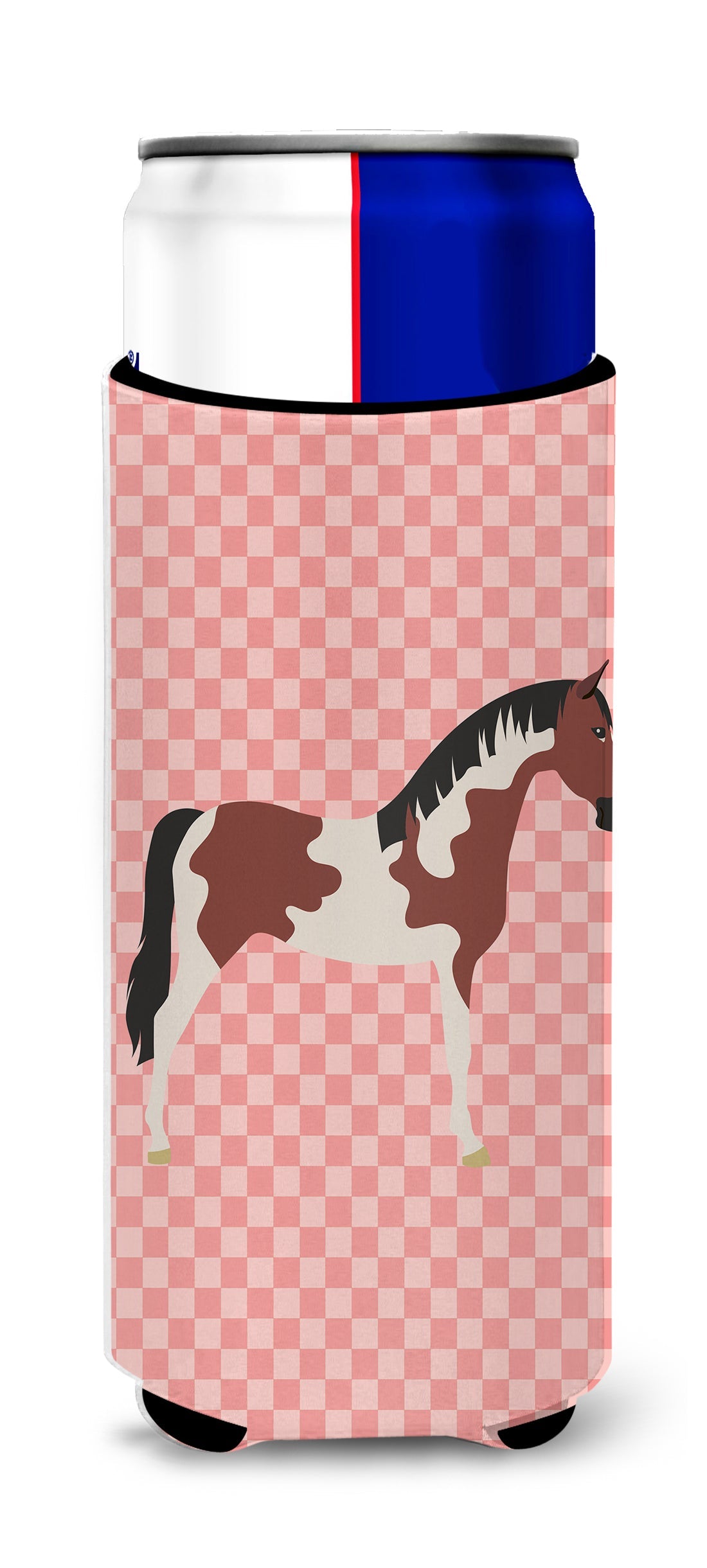 Pinto Horse Pink Check Slim Can Hugger , Insulated Foam Hugger for 12 oz Slim Cans, Beer Bottles & Water Bottles, Printed in USA
